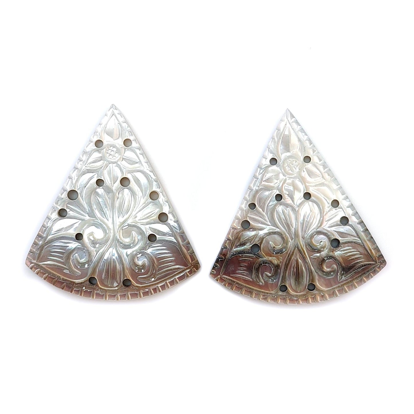 Mother of Pearl Gemstone Carving: Natural Untreated Black/White Mop Hand Carved Triangle, Marquise Shape Pair June Birthstone