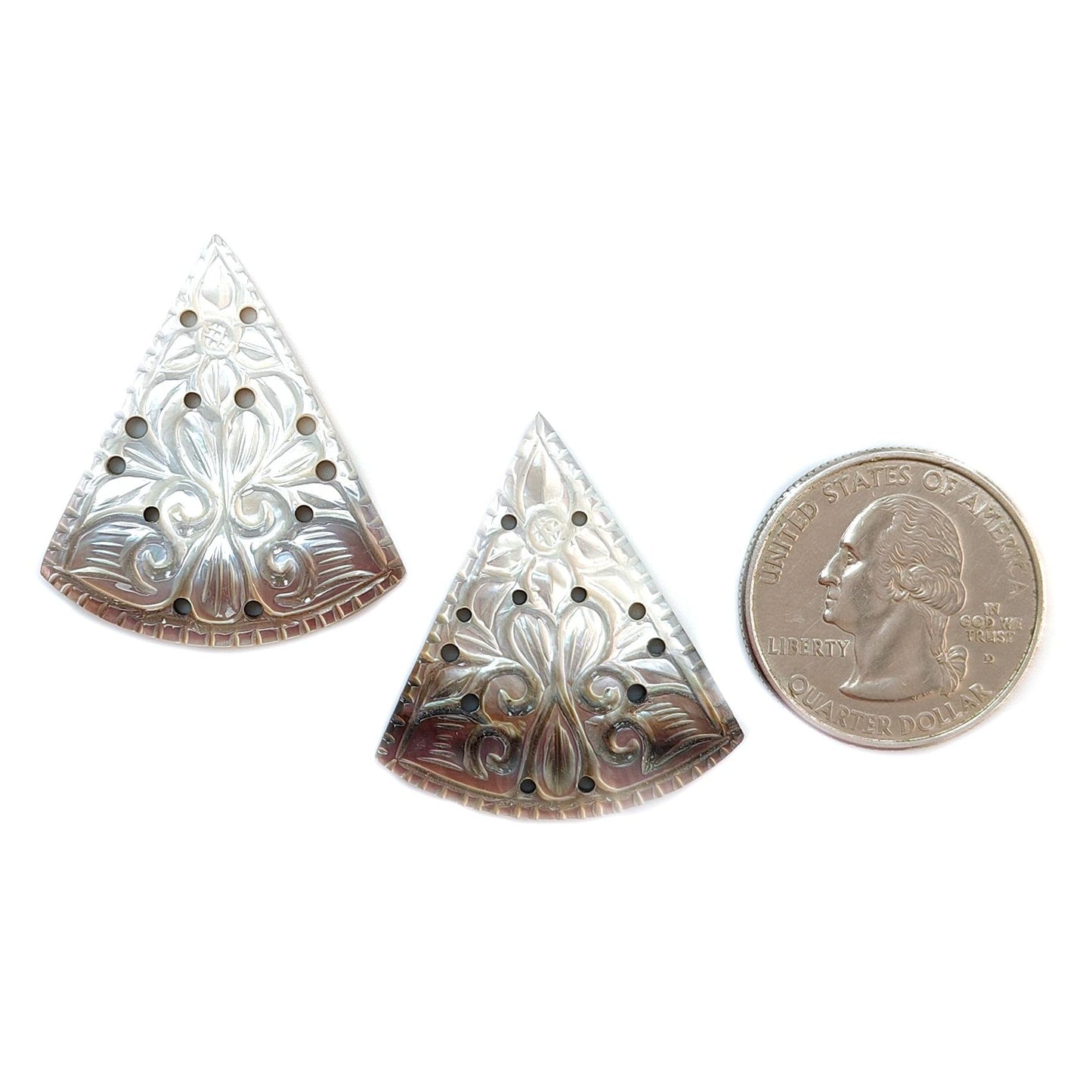 Mother of Pearl Gemstone Carving: Natural Untreated Black/White Mop Hand Carved Triangle, Marquise Shape Pair June Birthstone