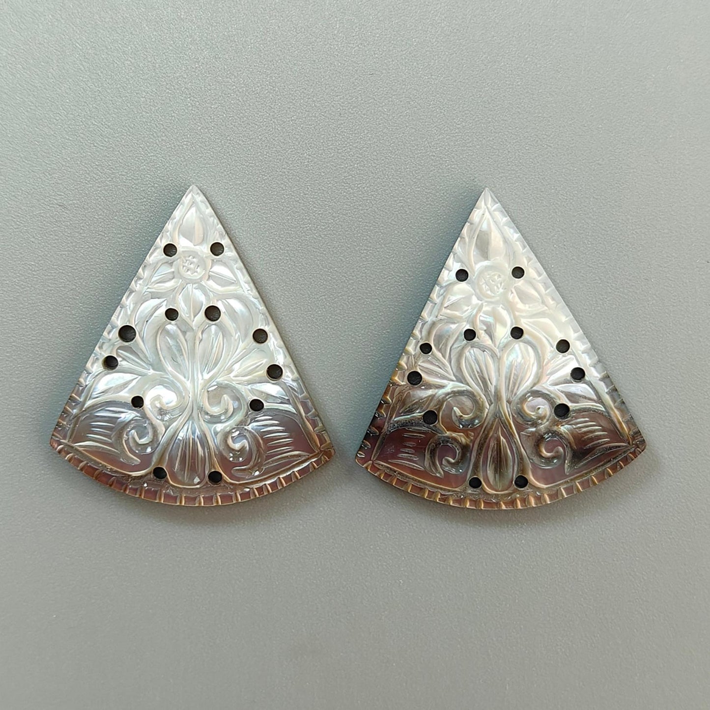 Mother of Pearl Gemstone Carving: Natural Untreated Black/White Mop Hand Carved Triangle, Marquise Shape Pair June Birthstone
