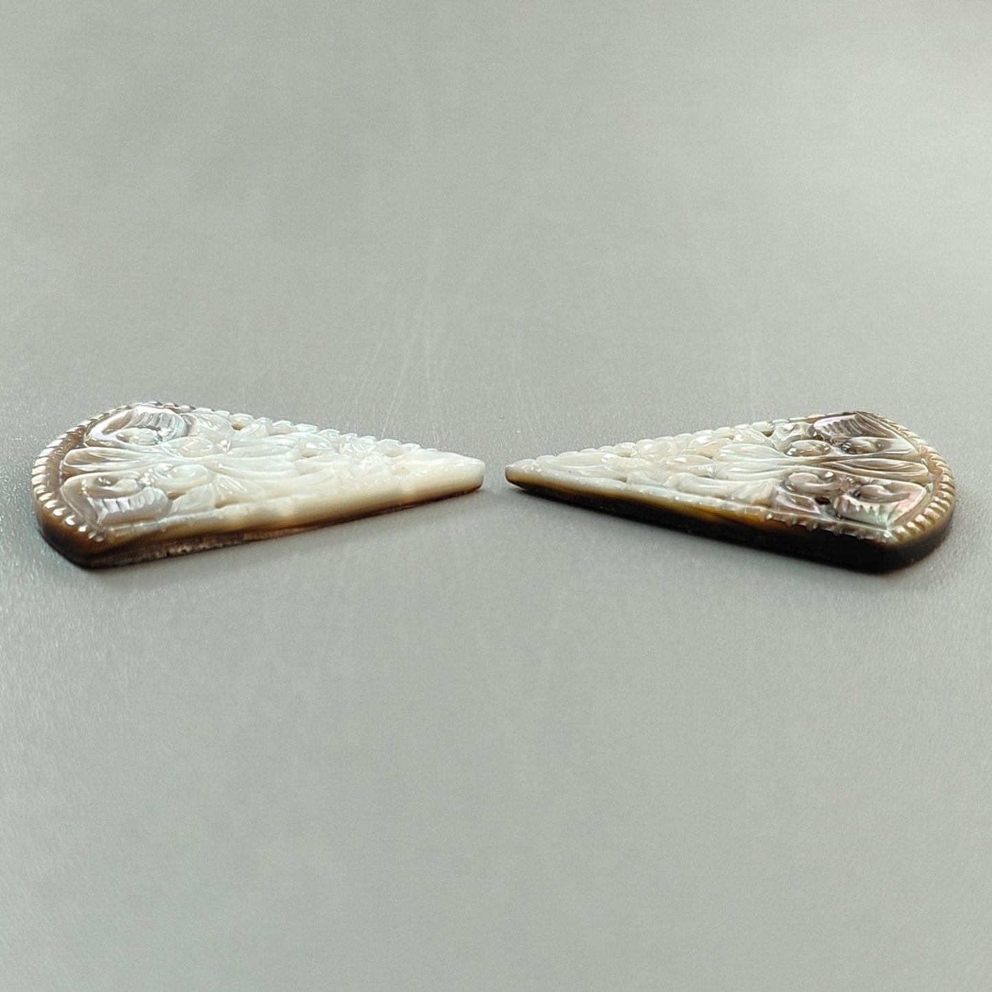 Mother of Pearl Gemstone Carving: Natural Untreated Black/White Mop Hand Carved Triangle, Marquise Shape Pair June Birthstone