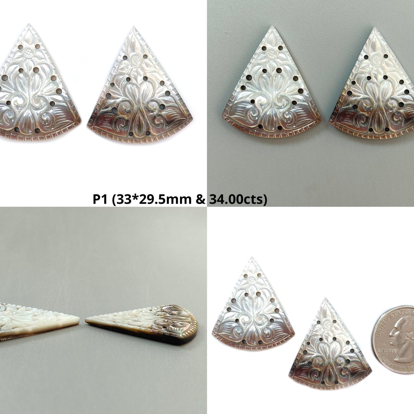 Mother of Pearl Gemstone Carving: Natural Untreated Black/White Mop Hand Carved Triangle, Marquise Shape Pair June Birthstone