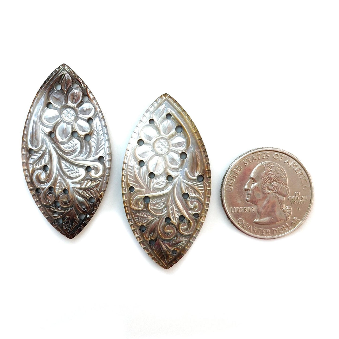 Mother of Pearl Gemstone Carving: Natural Untreated Black/White Mop Hand Carved Triangle, Marquise Shape Pair June Birthstone