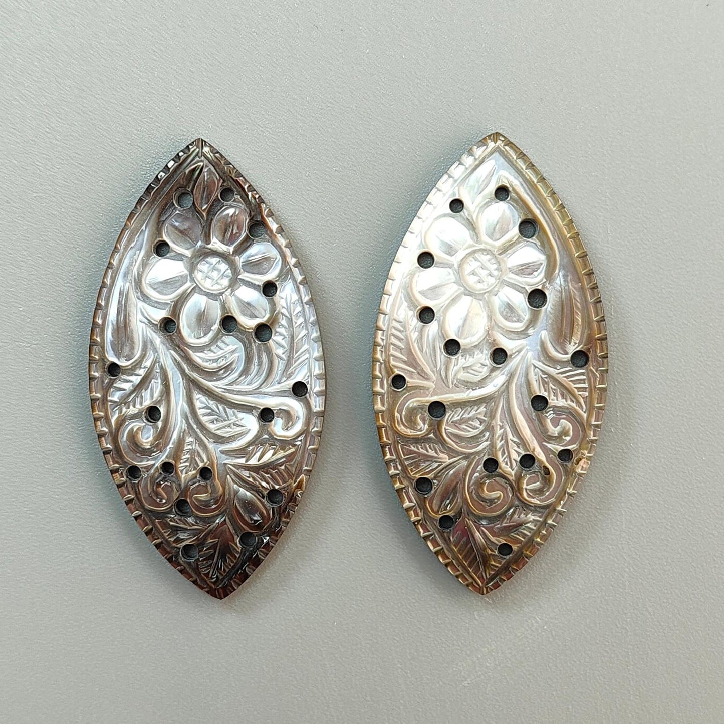 Mother of Pearl Gemstone Carving: Natural Untreated Black/White Mop Hand Carved Triangle, Marquise Shape Pair June Birthstone