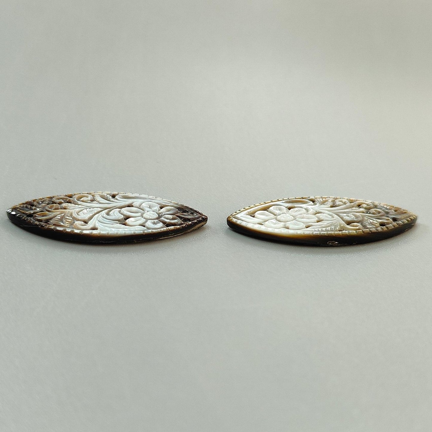 Mother of Pearl Gemstone Carving: Natural Untreated Black/White Mop Hand Carved Triangle, Marquise Shape Pair June Birthstone