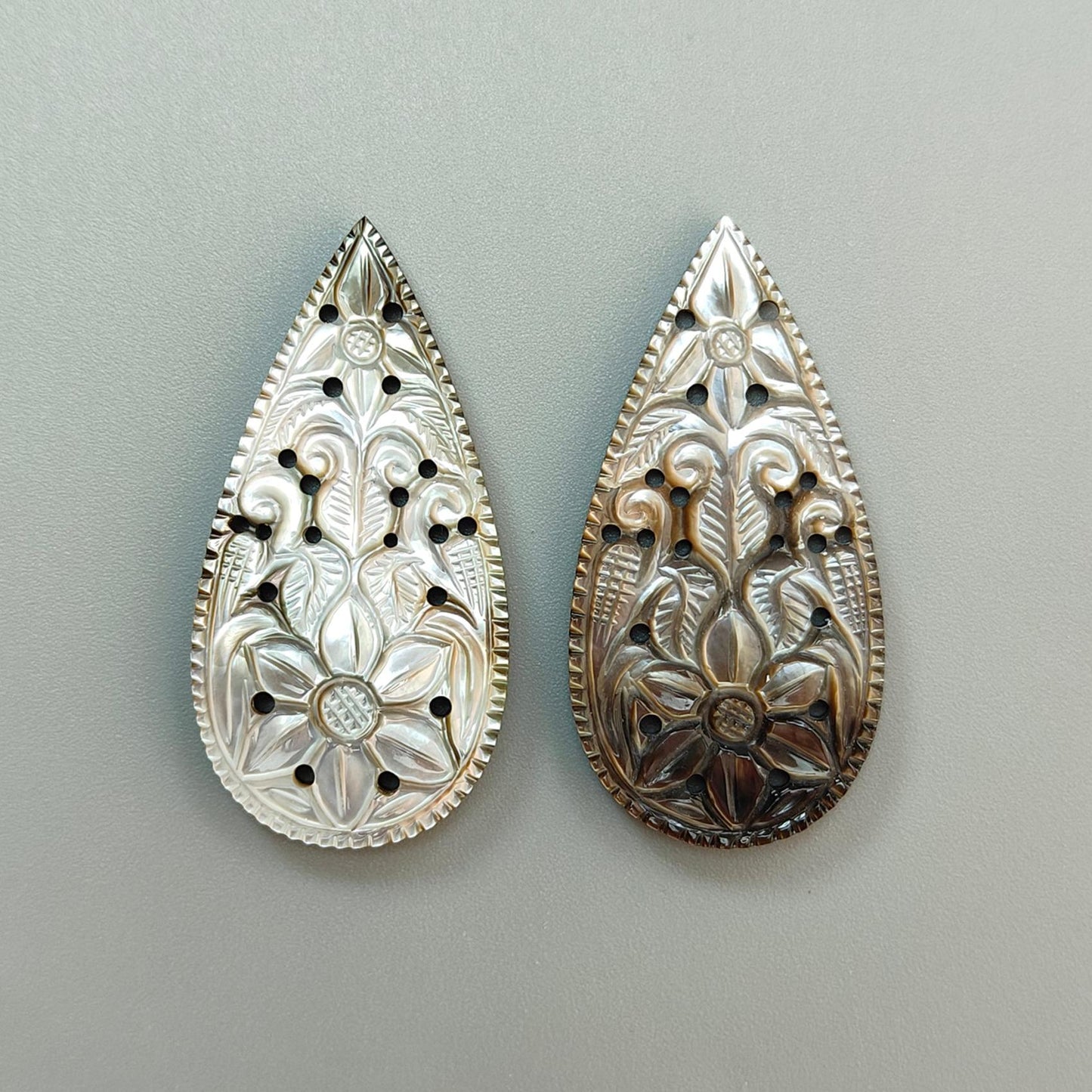 Mother of Pearl Gemstone Carving: Natural Untreated Black/White Mop Hand Carved Pear Shape Pair for Jewelry June Birthstone