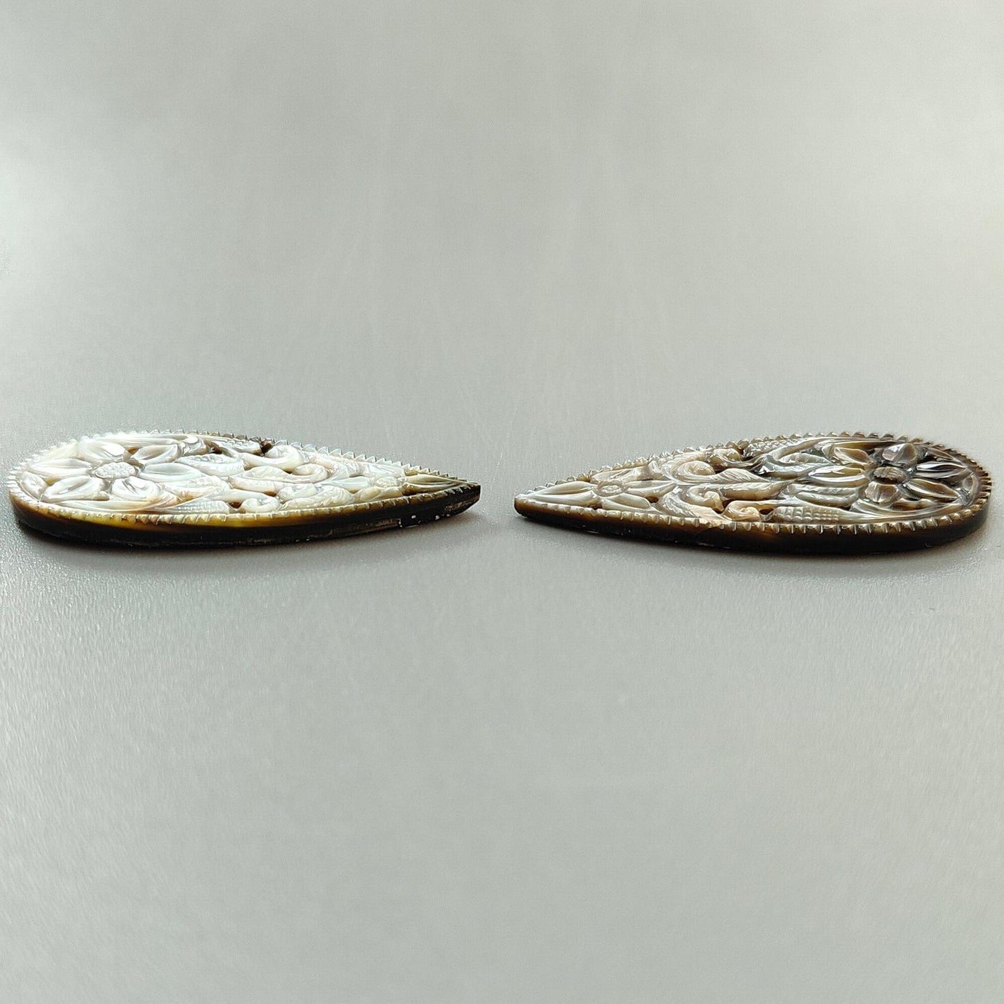 Mother of Pearl Gemstone Carving: Natural Untreated Black/White Mop Hand Carved Pear Shape Pair for Jewelry June Birthstone
