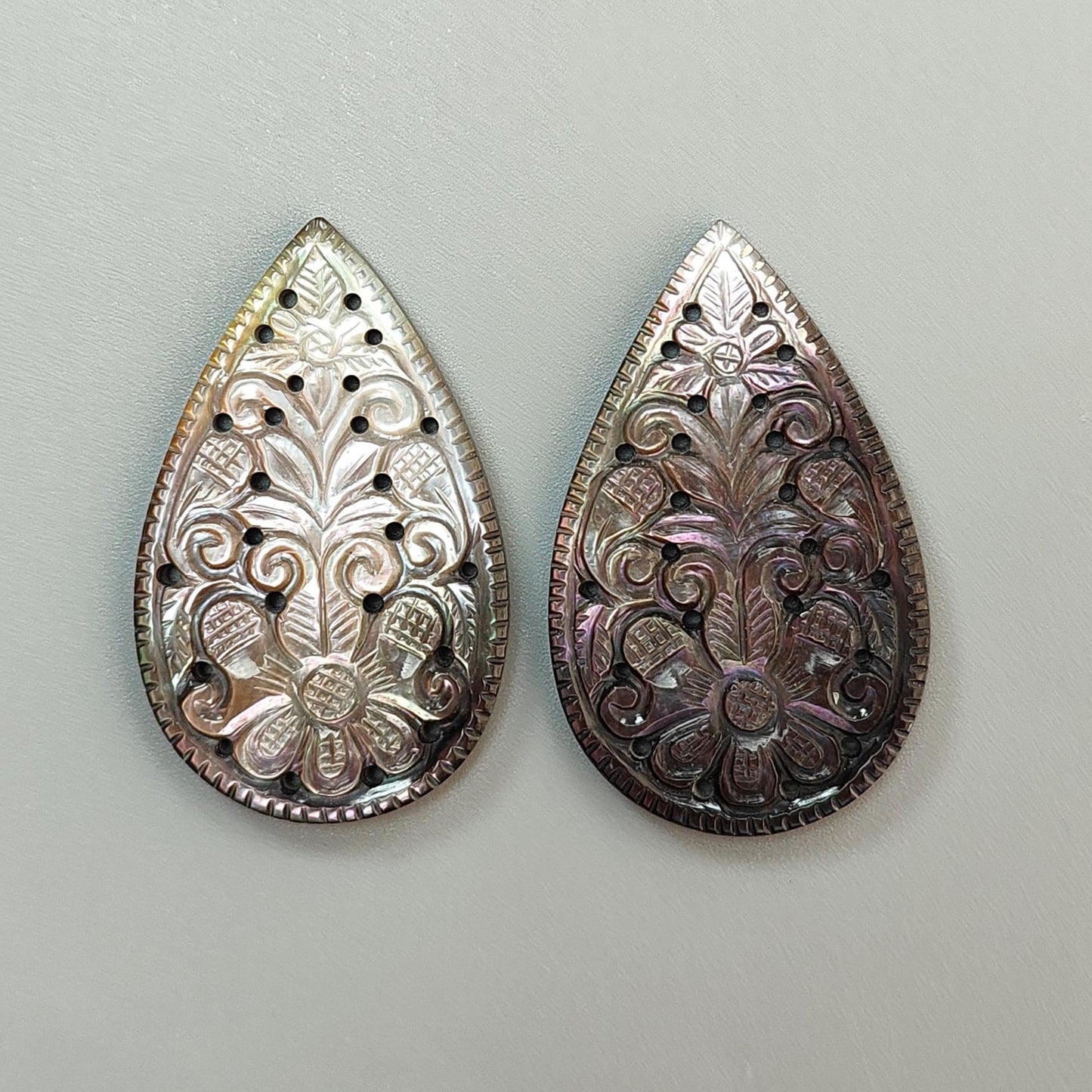 Mother of Pearl Gemstone Carving: Natural Untreated Black/White Mop Hand Carved Pear Shape Pair for Jewelry June Birthstone