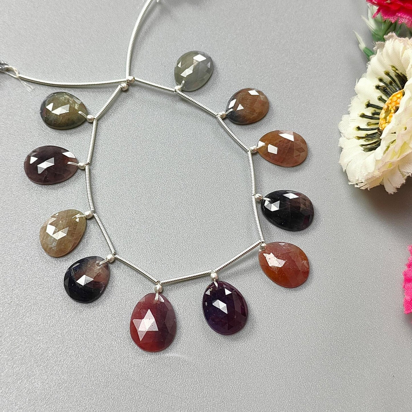Multi Sapphire Faceted Loose Beads: 72.00cts Natural Untreated Sapphire Rose Cut Egg Shape 925 Silver Loose Beads 14*11mm - 15*12mm