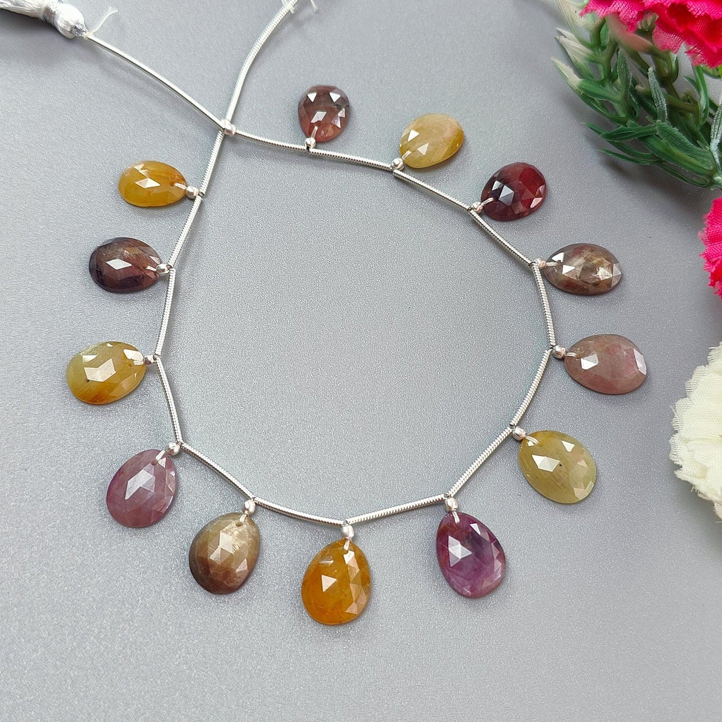 Multi Sapphire Faceted Loose Beads: 68.00cts Natural Untreated Sapphire Rose Cut Egg Shape 925 Silver Loose Beads 12*9mm - 13*10mm