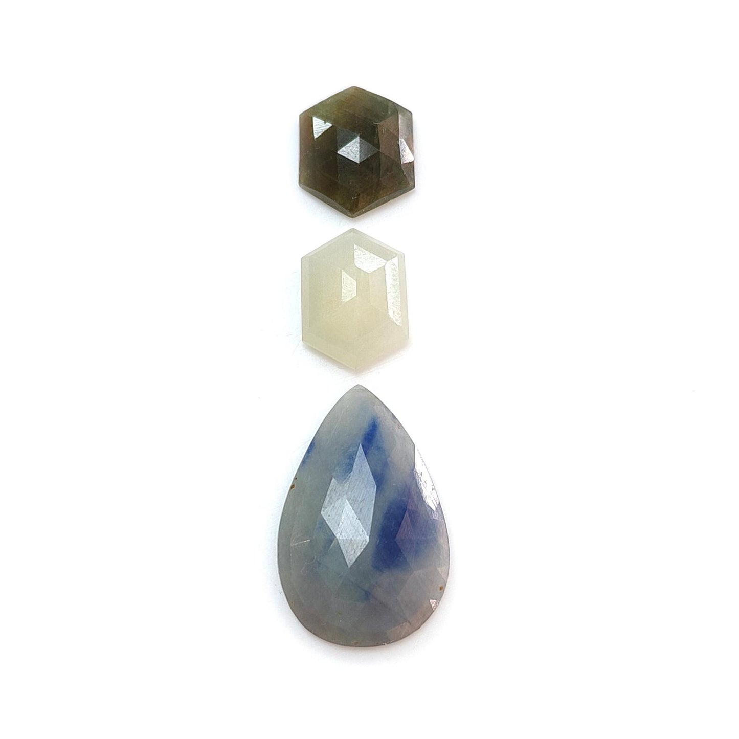 Multi Sapphire Gemstone Step & Rose Cut Slices: Natural Untreated Unheated Sapphire Pear, Hexagon Shape Faceted 3pcs Set for Jewelry