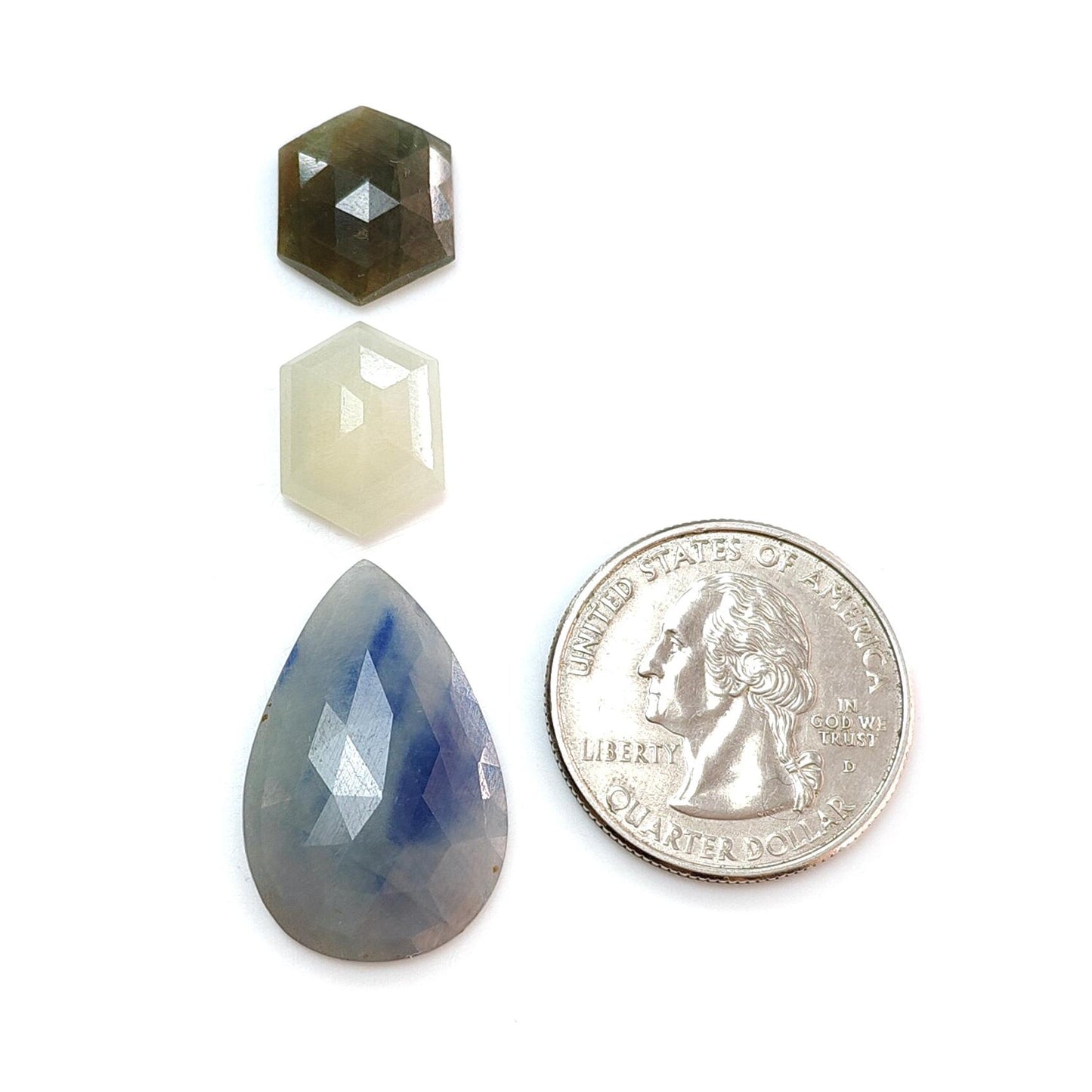 Multi Sapphire Gemstone Step & Rose Cut Slices: Natural Untreated Unheated Sapphire Pear, Hexagon Shape Faceted 3pcs Set for Jewelry