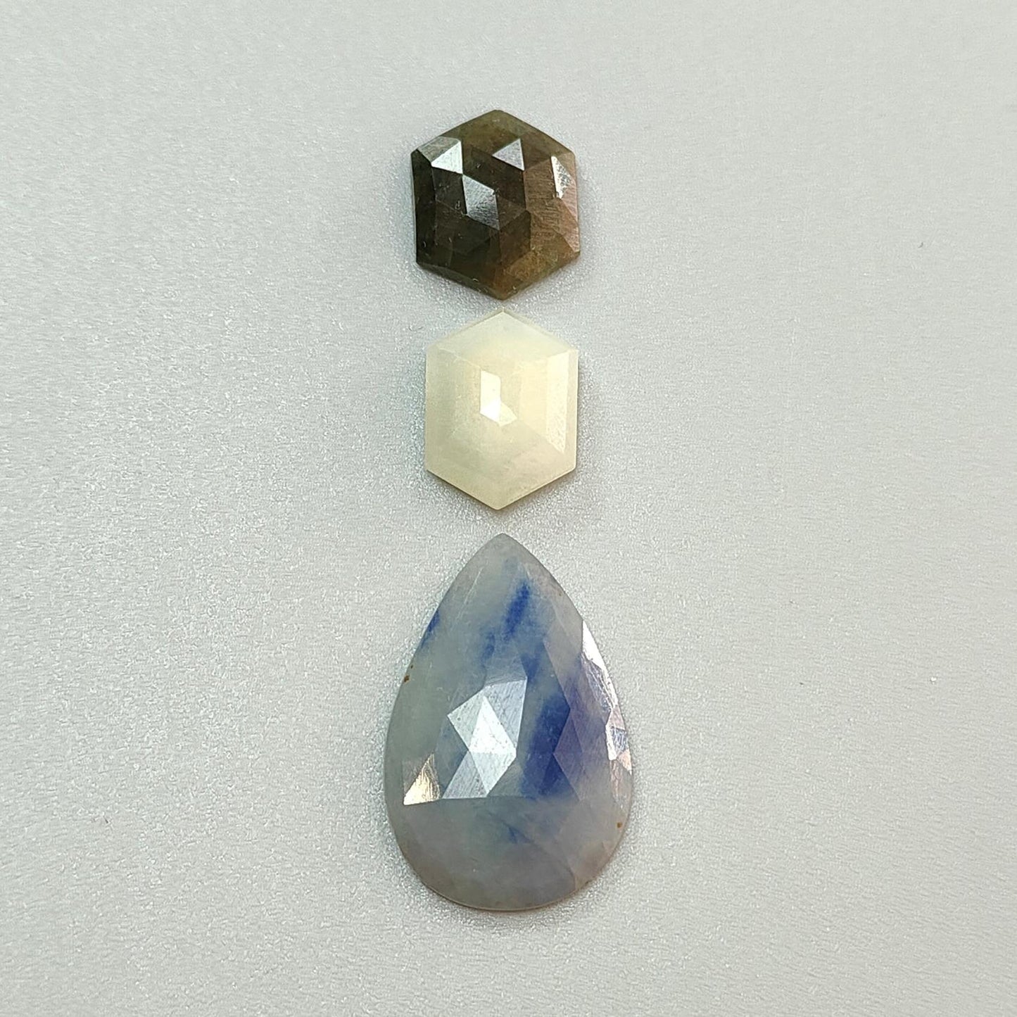 Multi Sapphire Gemstone Step & Rose Cut Slices: Natural Untreated Unheated Sapphire Pear, Hexagon Shape Faceted 3pcs Set for Jewelry