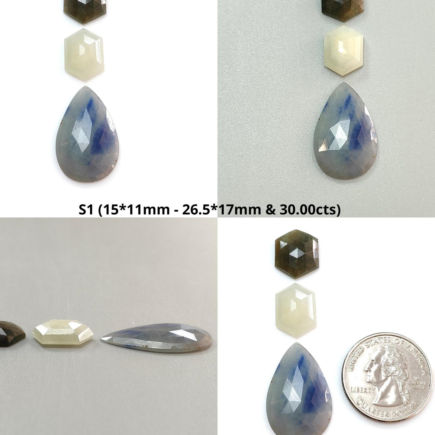 Multi Sapphire Gemstone Step & Rose Cut Slices: Natural Untreated Unheated Sapphire Pear, Hexagon Shape Faceted 3pcs Set for Jewelry