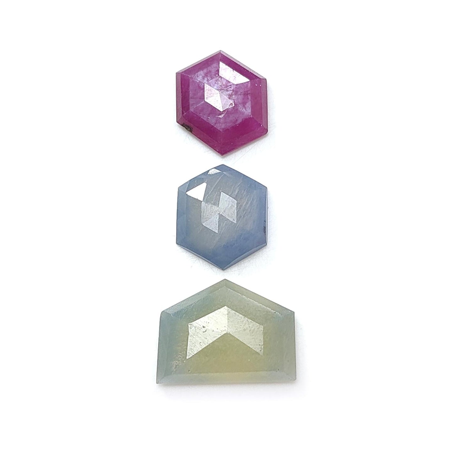Multi Sapphire Gemstone Step & Rose Cut Slices: Natural Untreated Unheated Sapphire Pear, Hexagon Shape Faceted 3pcs Set for Jewelry