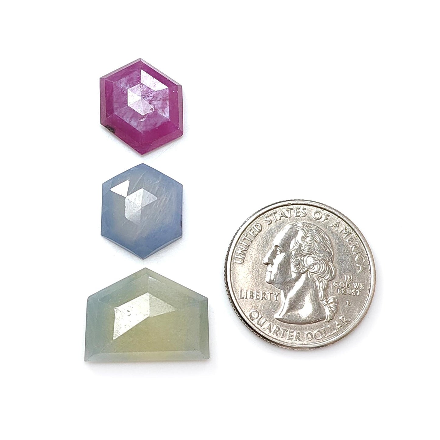 Multi Sapphire Gemstone Step & Rose Cut Slices: Natural Untreated Unheated Sapphire Pear, Hexagon Shape Faceted 3pcs Set for Jewelry