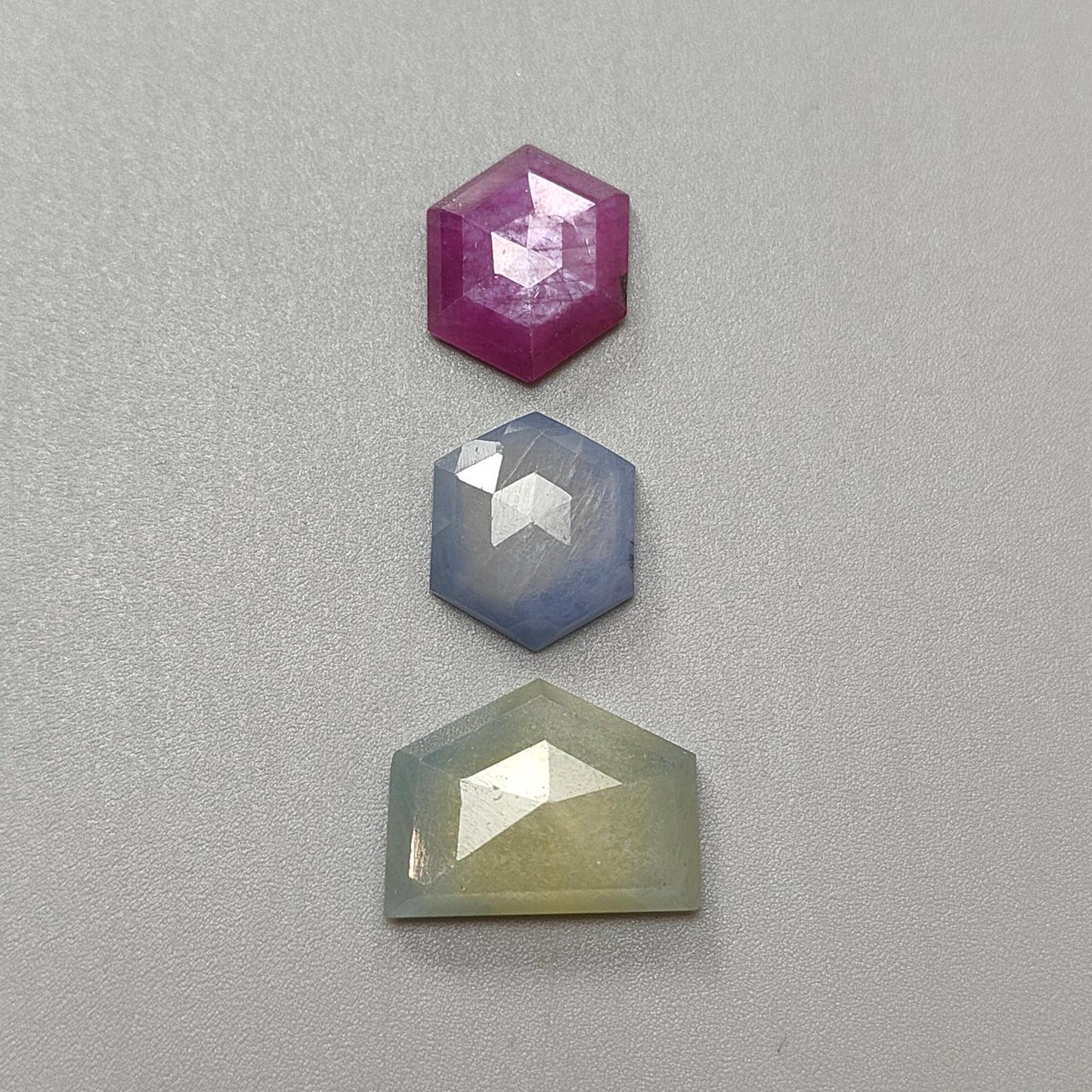 Multi Sapphire Gemstone Step & Rose Cut Slices: Natural Untreated Unheated Sapphire Pear, Hexagon Shape Faceted 3pcs Set for Jewelry