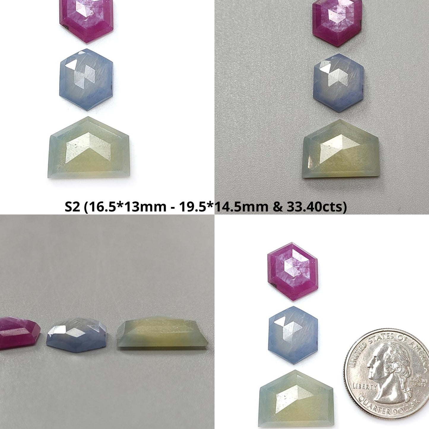 Multi Sapphire Gemstone Step & Rose Cut Slices: Natural Untreated Unheated Sapphire Pear, Hexagon Shape Faceted 3pcs Set for Jewelry
