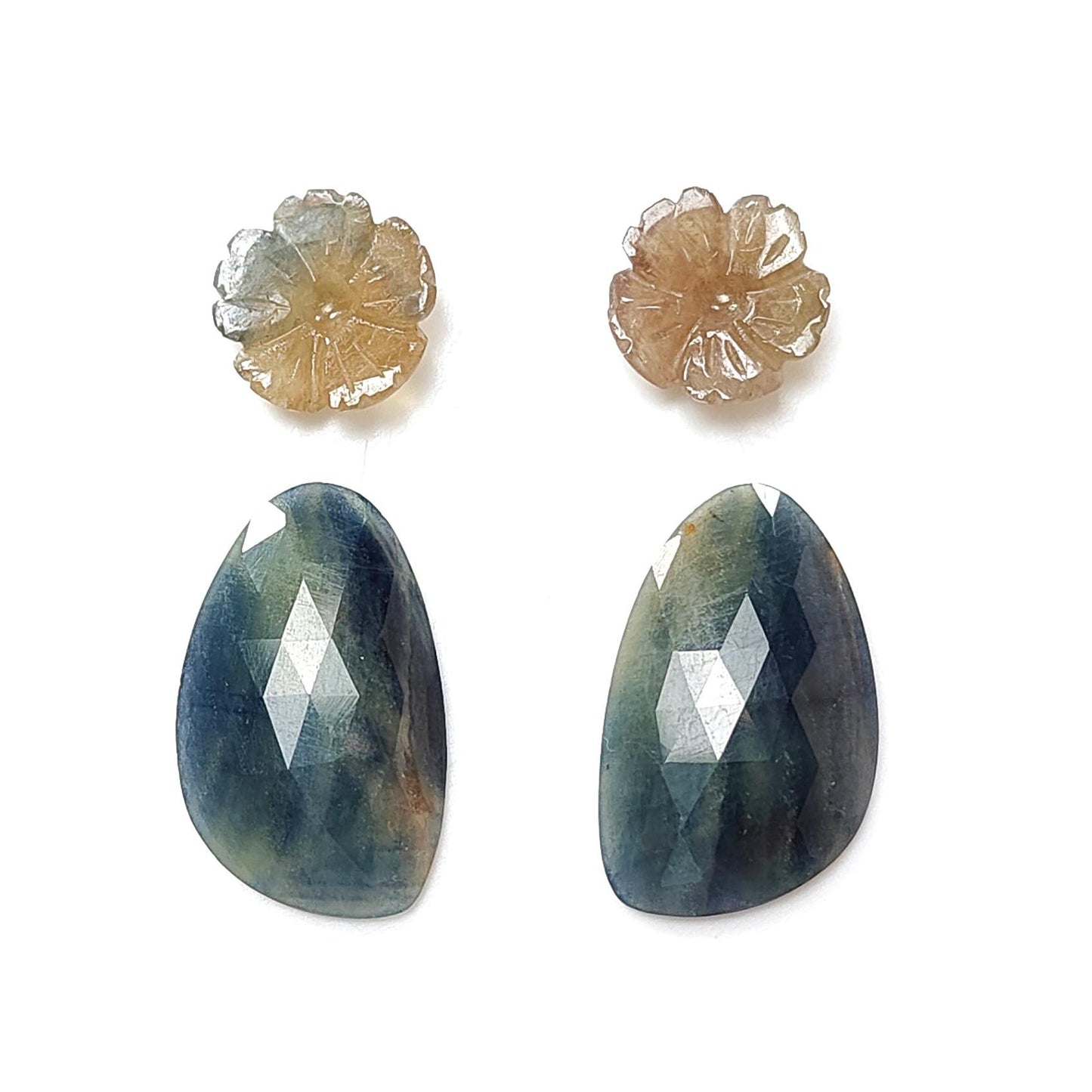 Multi Sapphire Gemstone Rose Cut Slices: Natural Untreated Unheated Sapphire Pear, Fancy Shape Faceted 4pcs Set for Jewelry