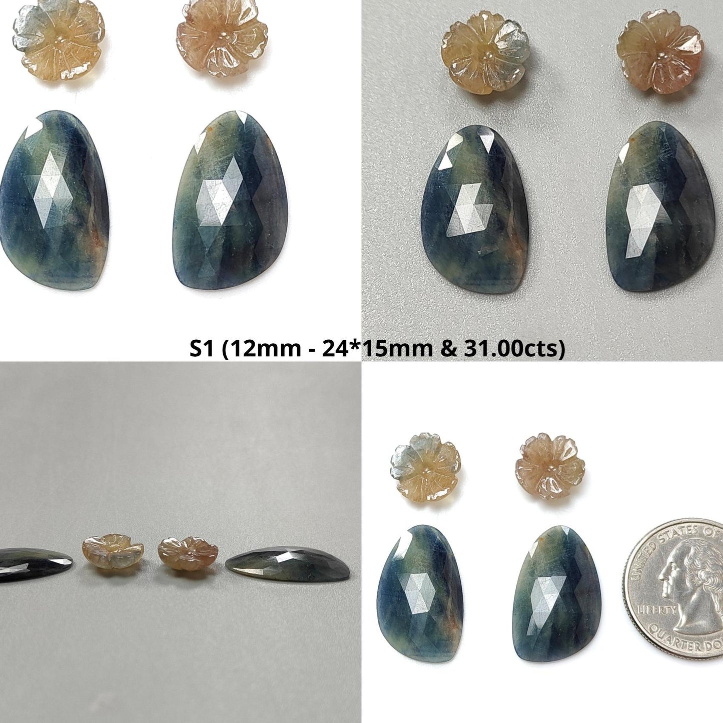Multi Sapphire Gemstone Rose Cut Slices: Natural Untreated Unheated Sapphire Pear, Fancy Shape Faceted 4pcs Set for Jewelry