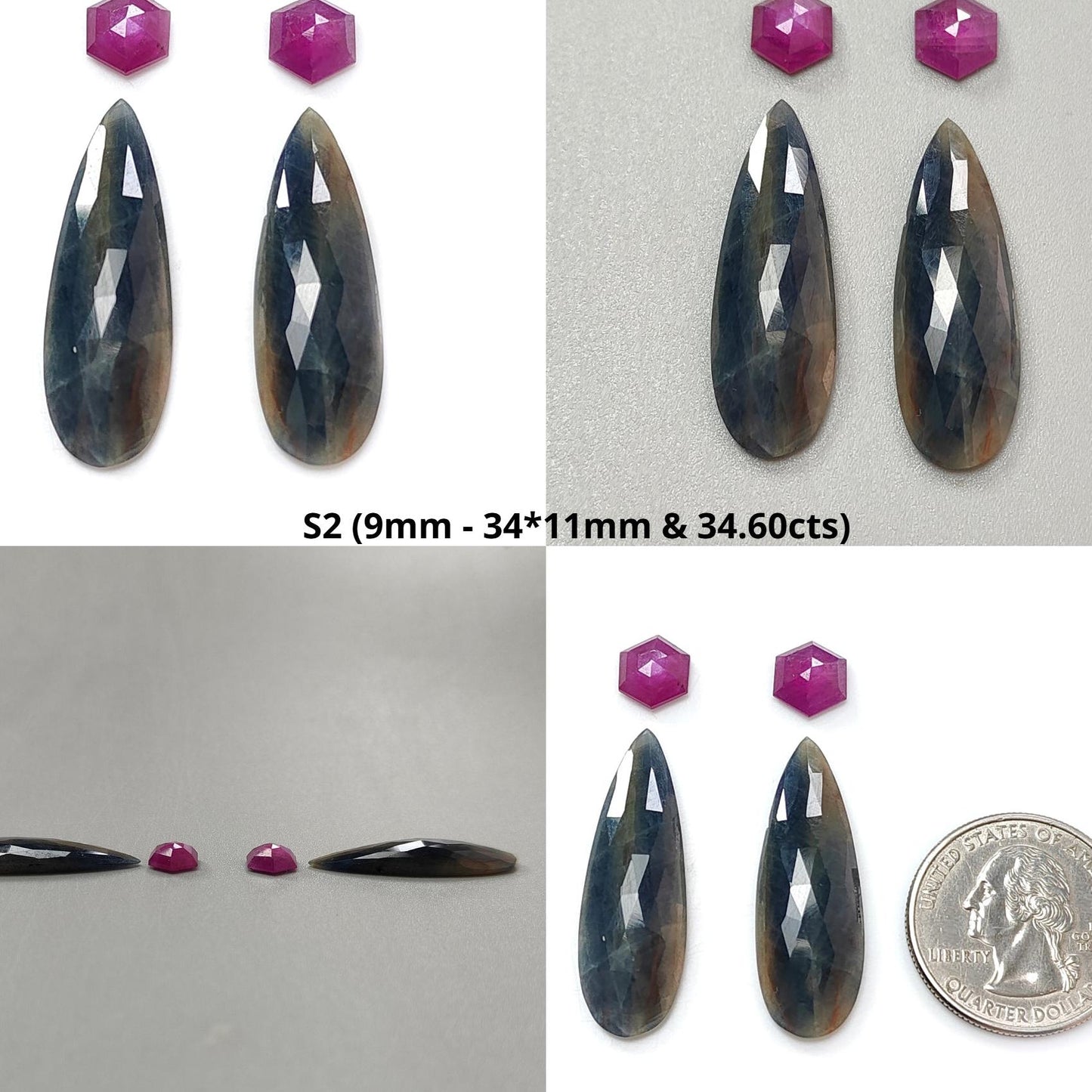 Multi Sapphire Gemstone Rose Cut Slices: Natural Untreated Unheated Sapphire Pear, Fancy Shape Faceted 4pcs Set for Jewelry