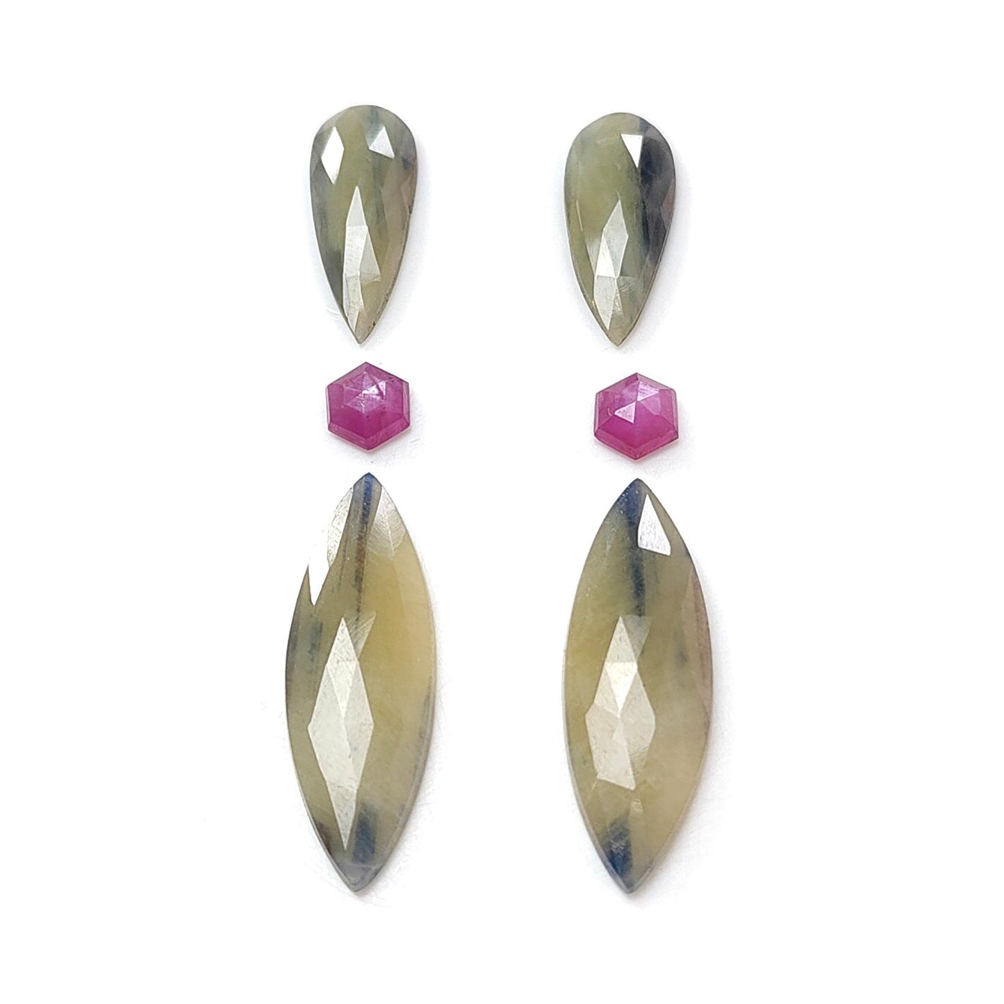 Multi Sapphire Gemstone Rose Cut Slices: Natural Untreated Unheated Sapphire Marquise, Pear Shape Faceted 6pcs Set for Jewelry