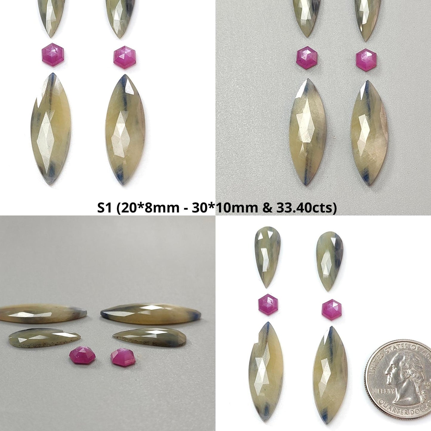 Multi Sapphire Gemstone Rose Cut Slices: Natural Untreated Unheated Sapphire Marquise, Pear Shape Faceted 6pcs Set for Jewelry