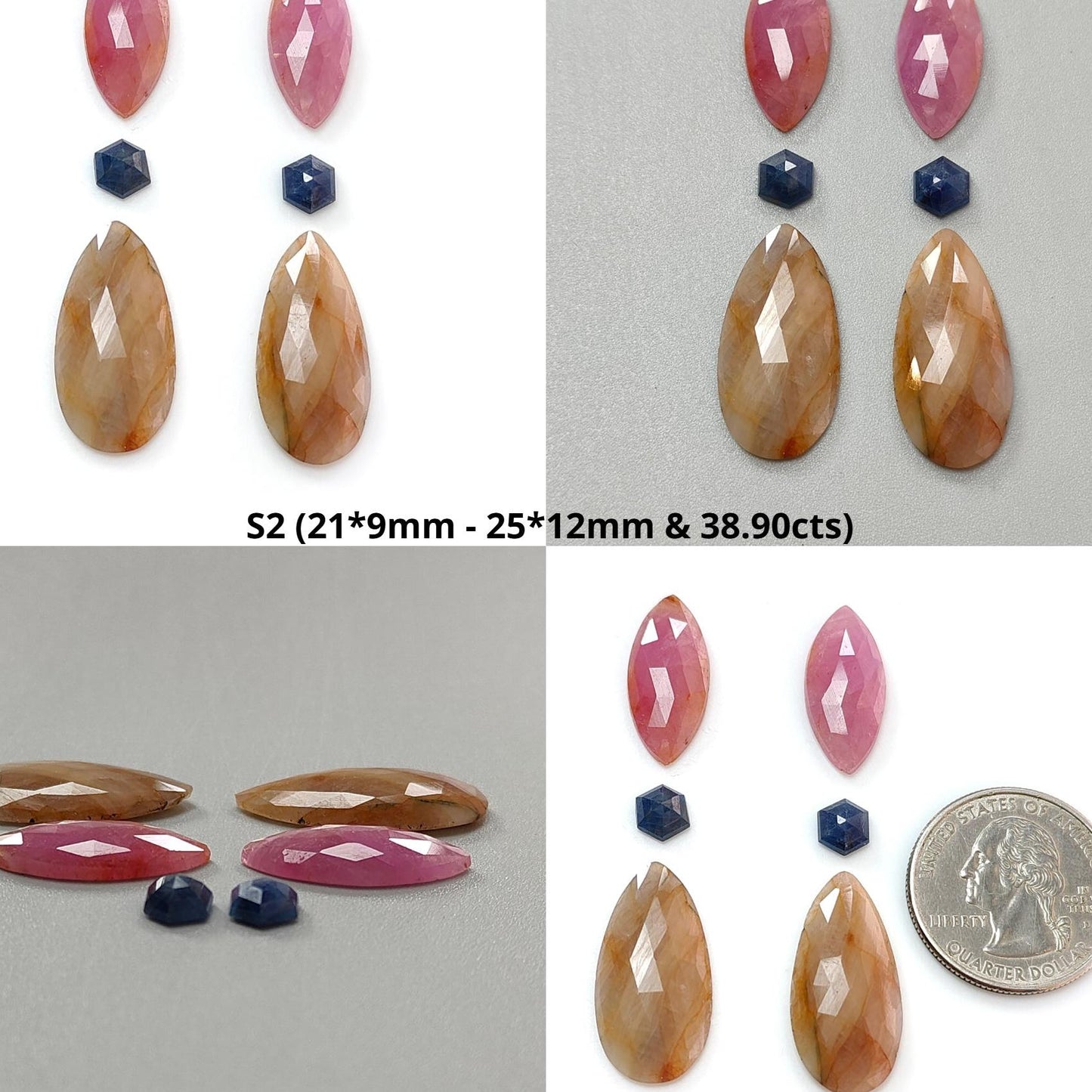 Multi Sapphire Gemstone Rose Cut Slices: Natural Untreated Unheated Sapphire Marquise, Pear Shape Faceted 6pcs Set for Jewelry