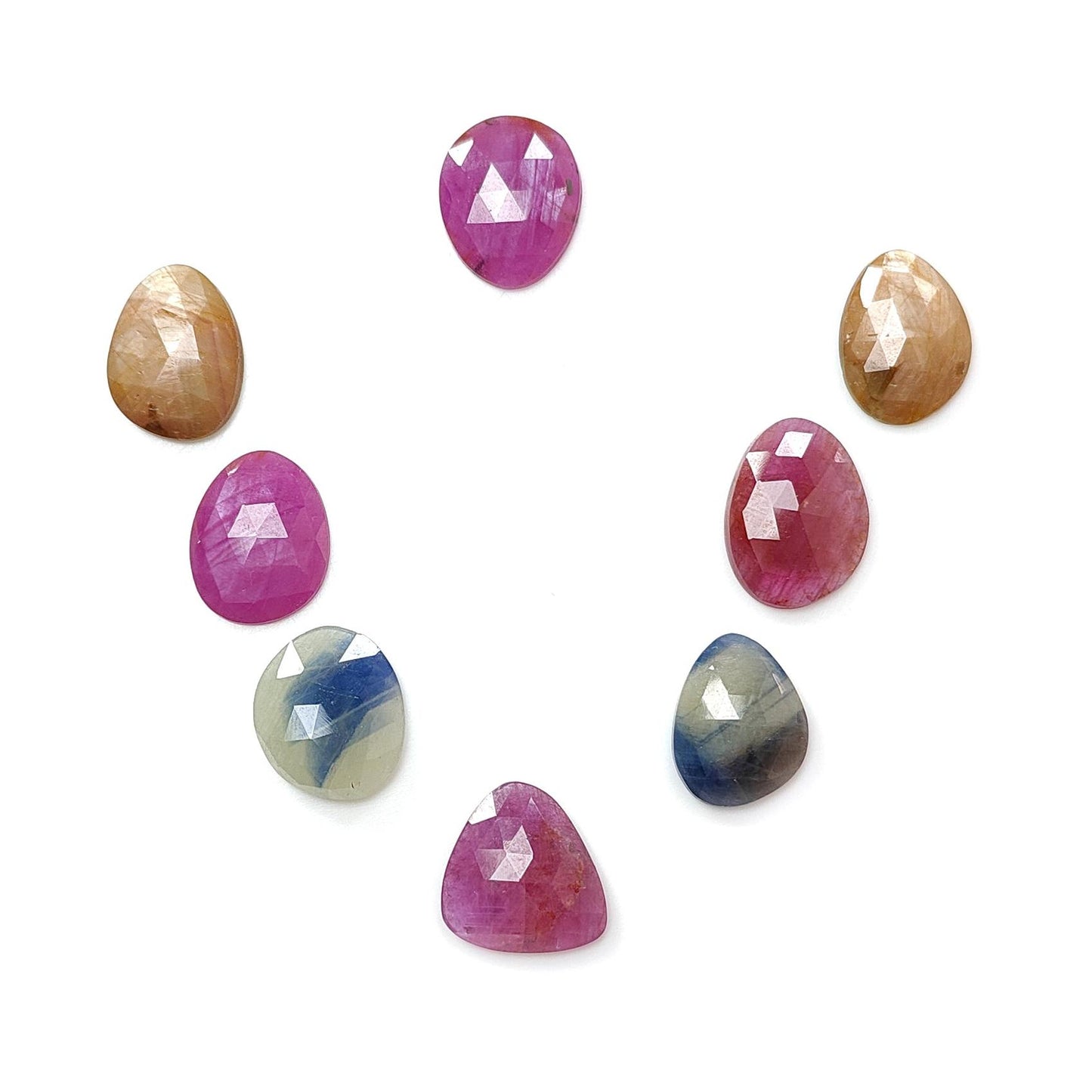 Multi Sapphire Gemstone Rose Cut Slices: Natural Untreated Unheated Sapphire Fancy Shape Faceted 7pcs, 8pcs Lots for Jewelry