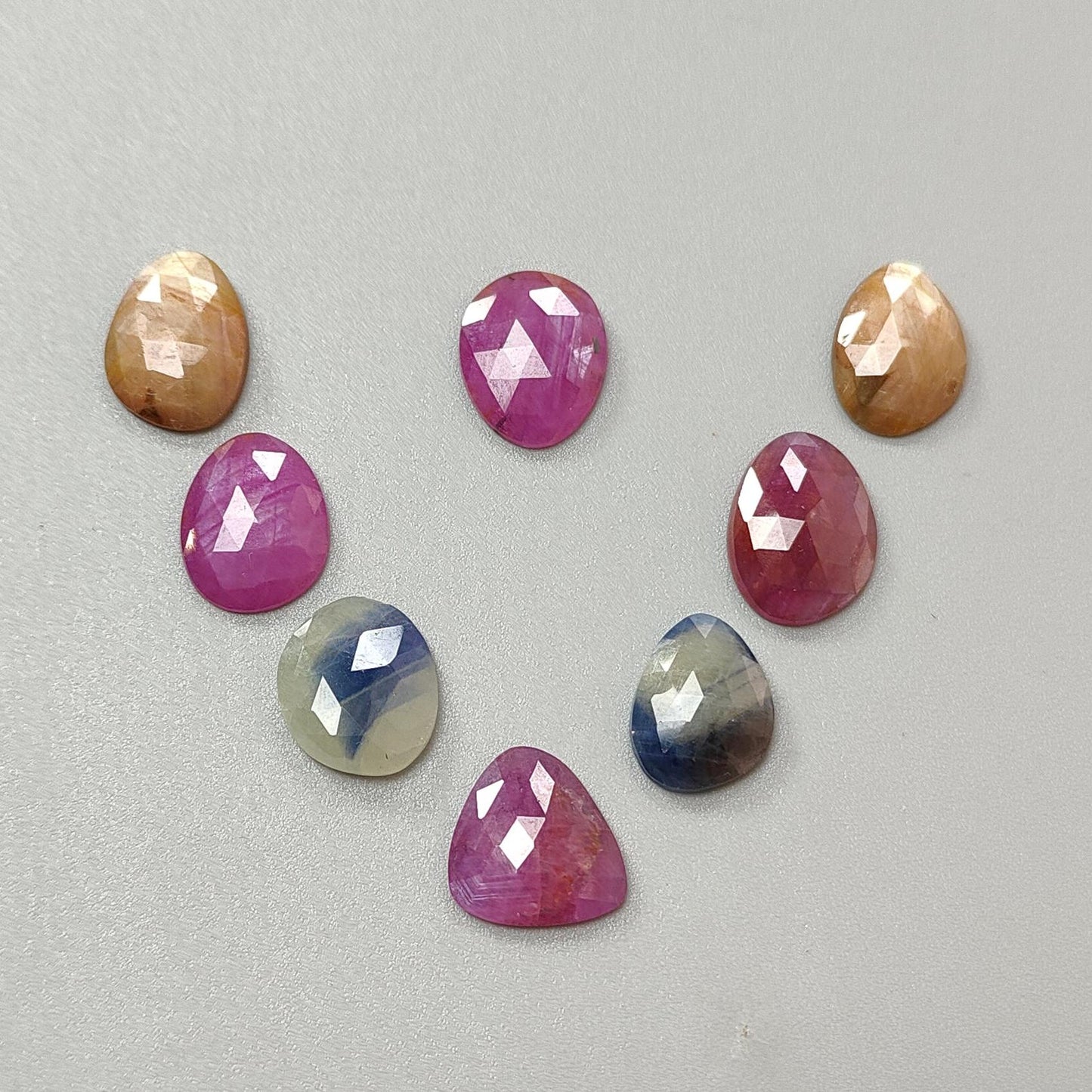 Multi Sapphire Gemstone Rose Cut Slices: Natural Untreated Unheated Sapphire Fancy Shape Faceted 7pcs, 8pcs Lots for Jewelry