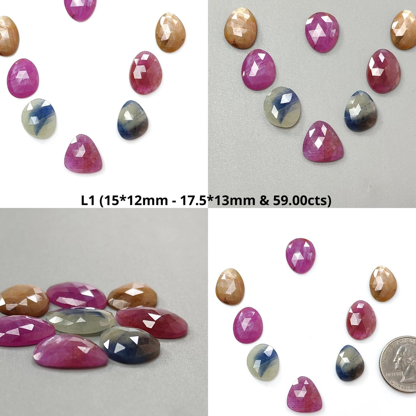Multi Sapphire Gemstone Rose Cut Slices: Natural Untreated Unheated Sapphire Fancy Shape Faceted 7pcs, 8pcs Lots for Jewelry