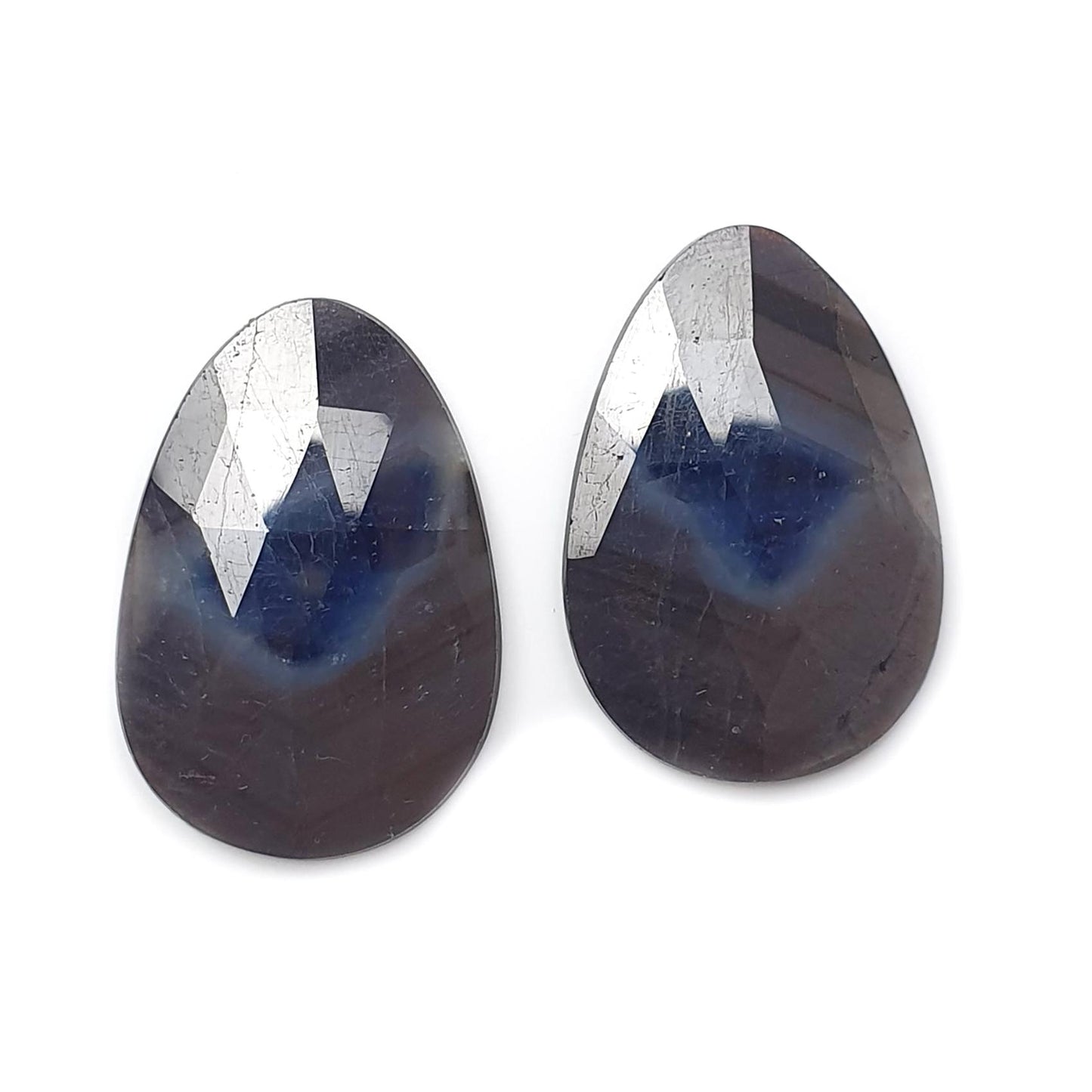 Multi Sapphire Gemstone Rose Cut Slices: 30.10cts Natural Untreated Bi-Color Sapphire Faceted Egg Shape 28.5*19.5mm Pair for Jewelry