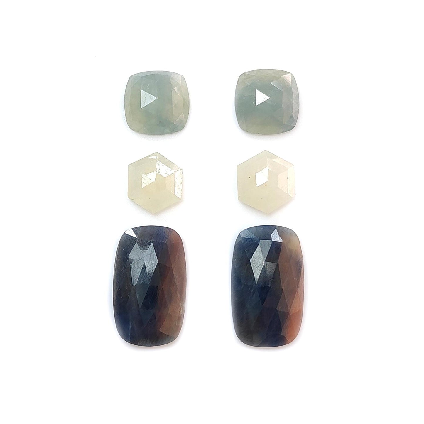 Multi Sapphire Gemstone Rose Cut Slices: Natural Untreated Bi-Color Sapphire Cushion, Baguette & Hexagon Shape Faceted 6pcs Sets for Jewelry