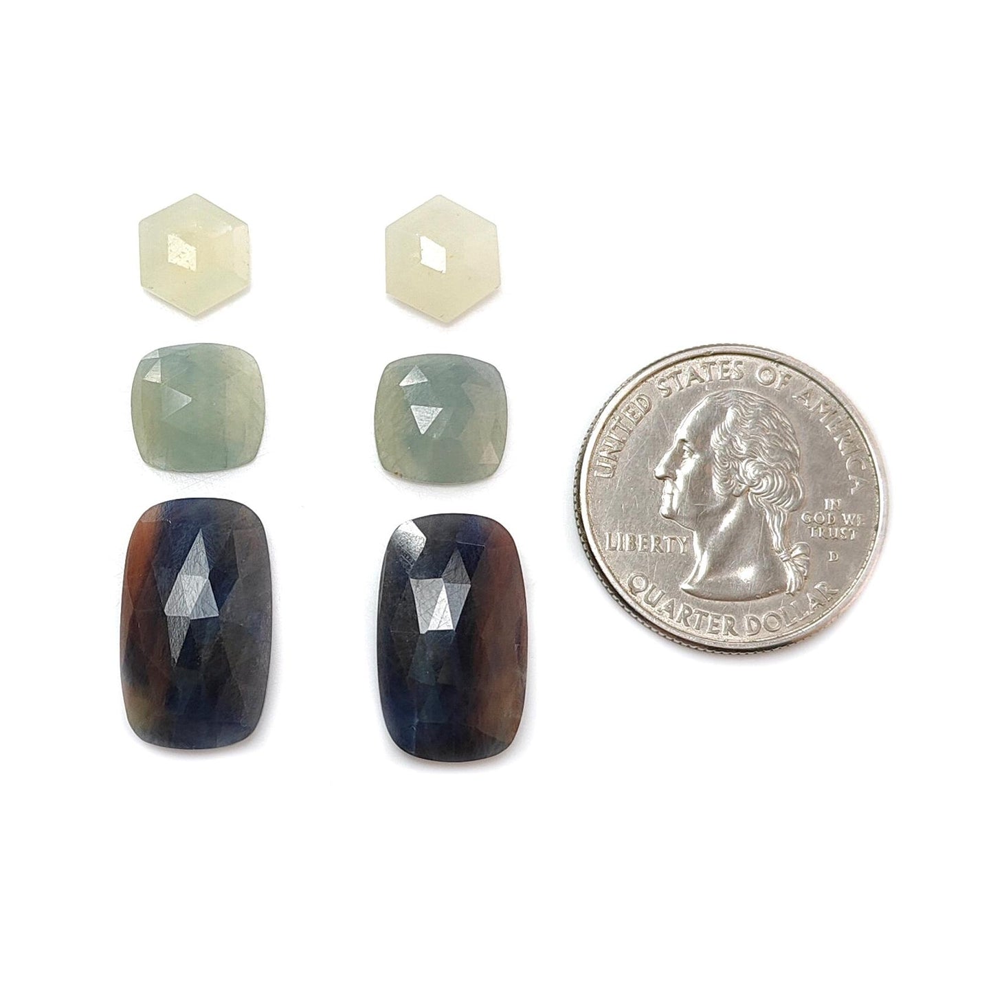 Multi Sapphire Gemstone Rose Cut Slices: Natural Untreated Bi-Color Sapphire Cushion, Baguette & Hexagon Shape Faceted 6pcs Sets for Jewelry