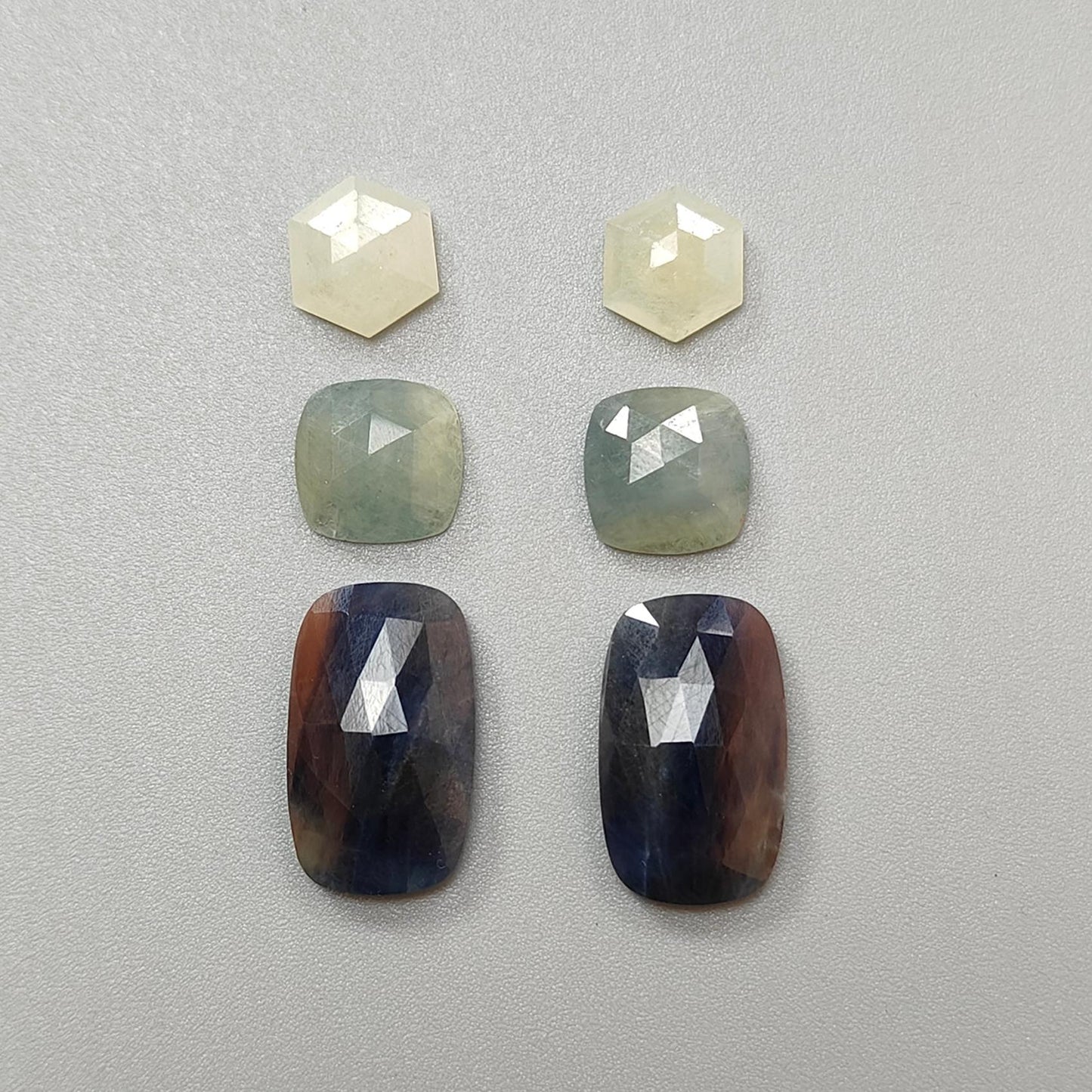 Multi Sapphire Gemstone Rose Cut Slices: Natural Untreated Bi-Color Sapphire Cushion, Baguette & Hexagon Shape Faceted 6pcs Sets for Jewelry