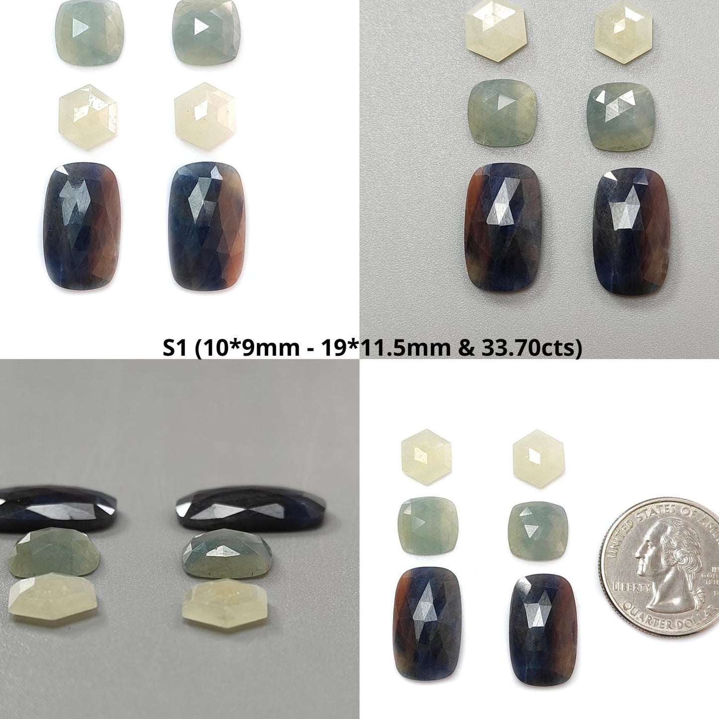 Multi Sapphire Gemstone Rose Cut Slices: Natural Untreated Bi-Color Sapphire Cushion, Baguette & Hexagon Shape Faceted 6pcs Sets for Jewelry