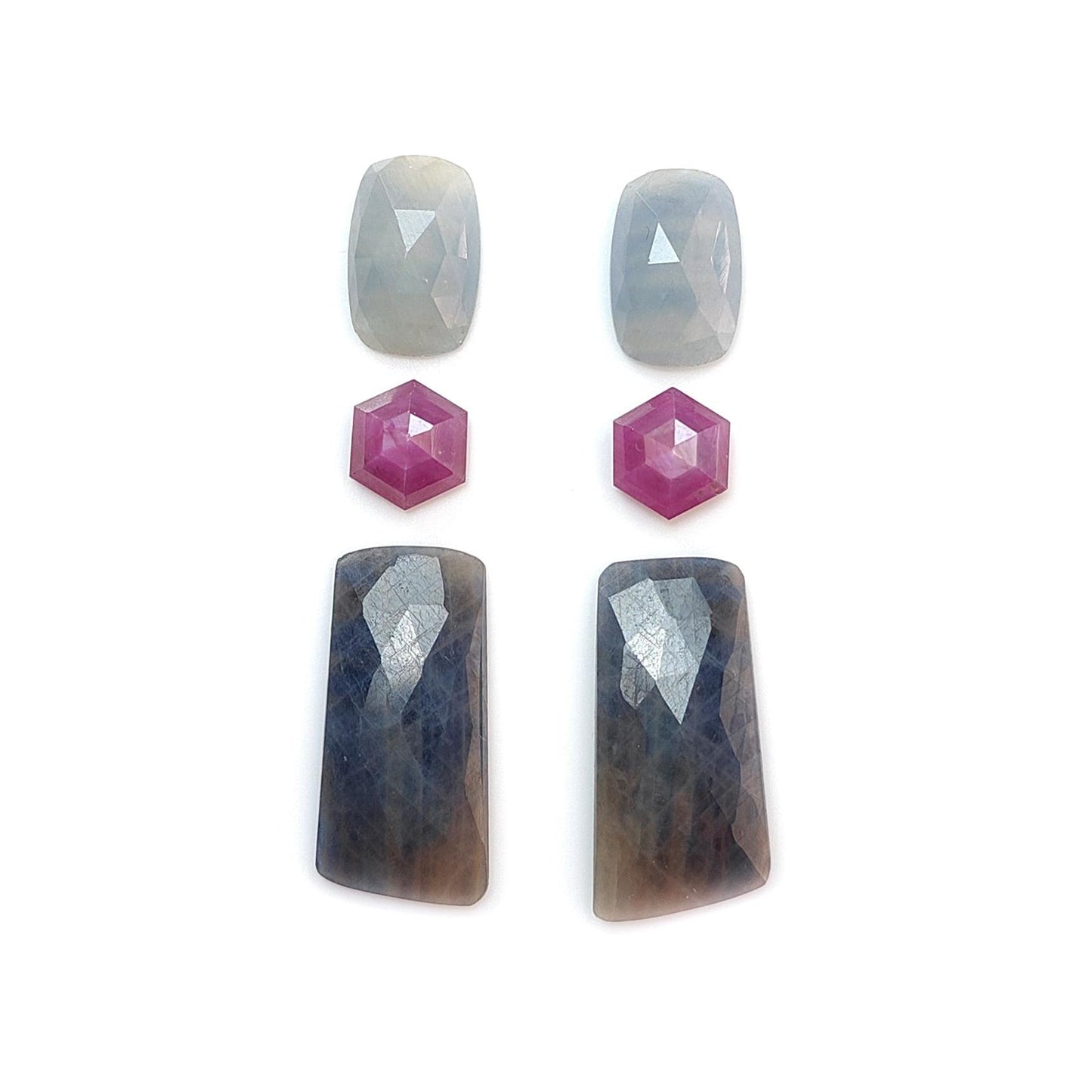 Multi Sapphire Gemstone Rose Cut Slices: Natural Untreated Bi-Color Sapphire Cushion, Baguette & Hexagon Shape Faceted 6pcs Sets for Jewelry