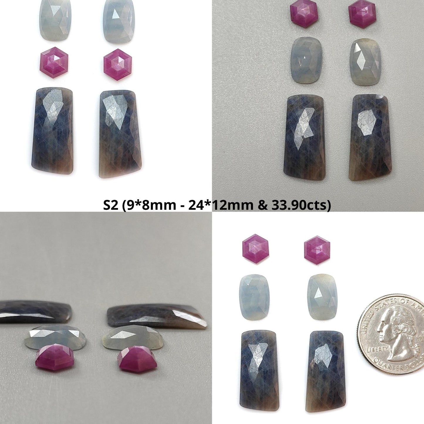 Multi Sapphire Gemstone Rose Cut Slices: Natural Untreated Bi-Color Sapphire Cushion, Baguette & Hexagon Shape Faceted 6pcs Sets for Jewelry