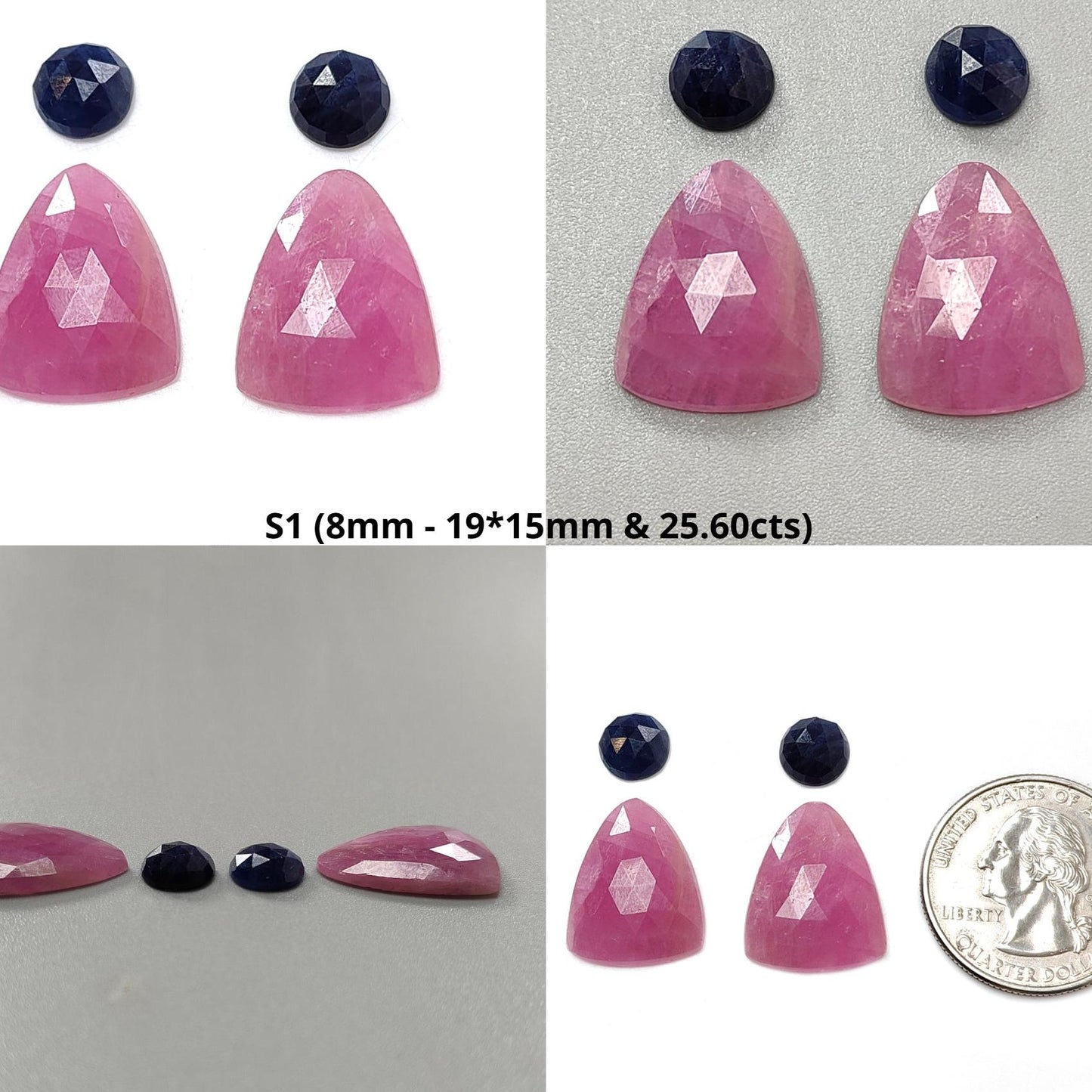 Multi Sapphire Gemstone Rose Cut Slices: Natural Untreated Blue, Pink Sapphire Oval, Fancy Shape Faceted 4pcs Sets for Jewelry