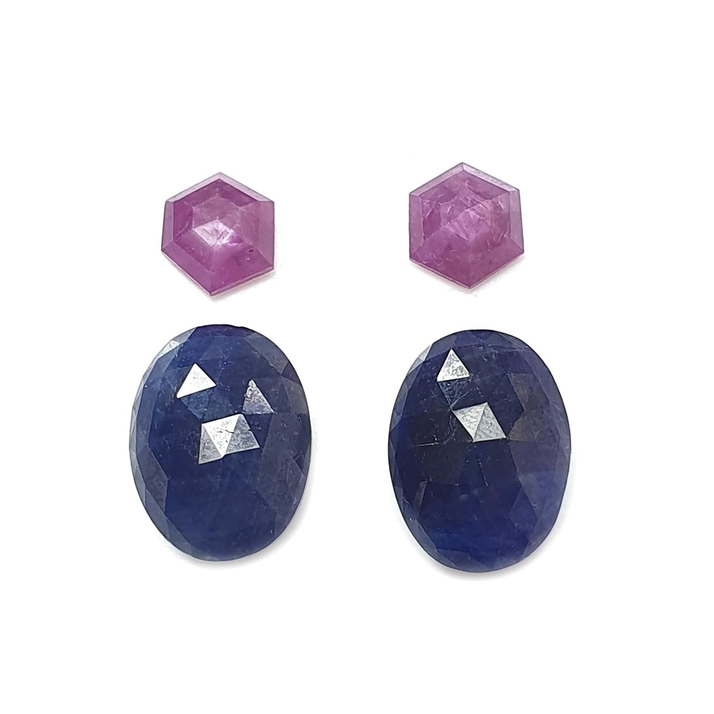 Multi Sapphire Gemstone Rose Cut Slices: Natural Untreated Blue, Pink Sapphire Oval, Fancy Shape Faceted 4pcs Sets for Jewelry