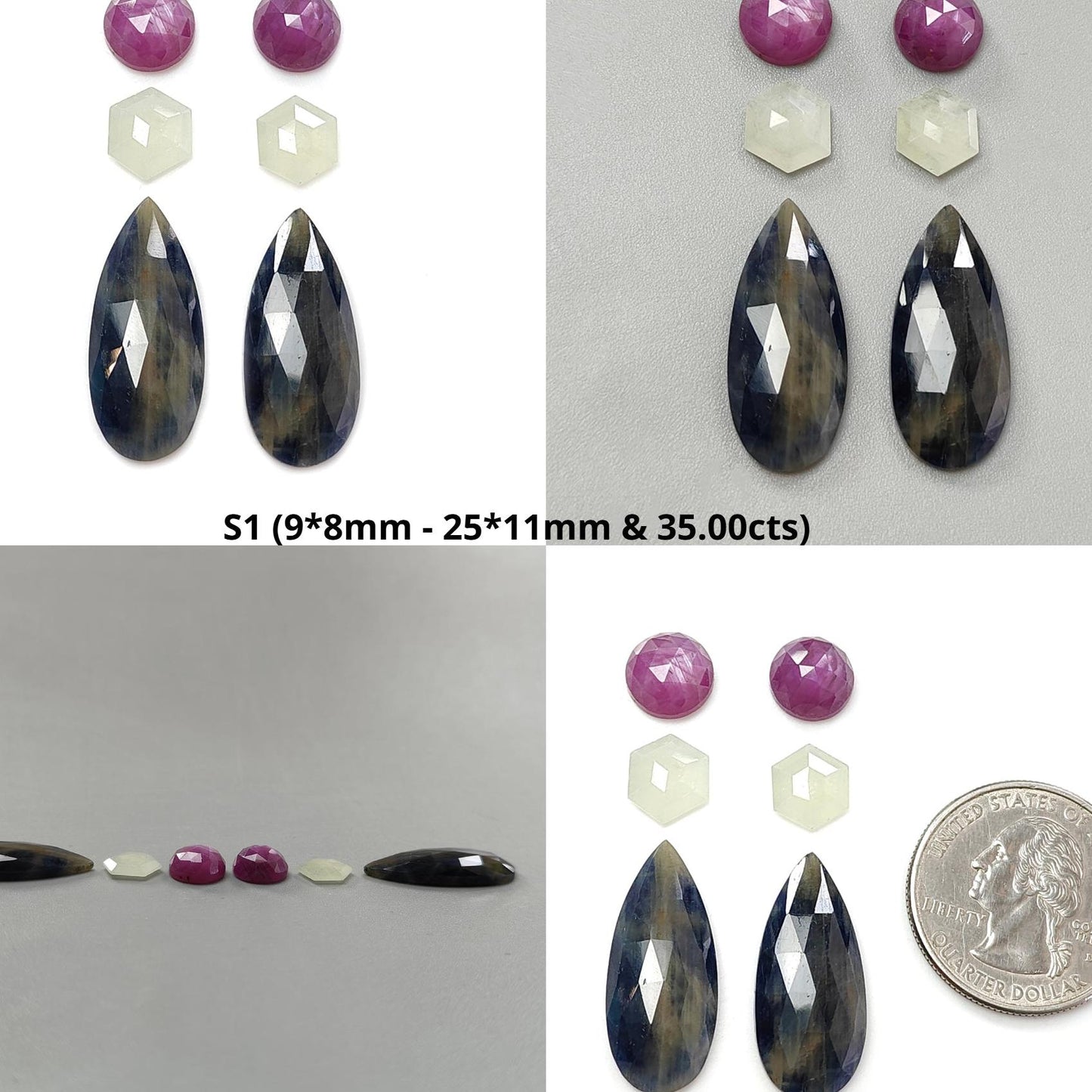Multi Sapphire Gemstone Rose Cut Slices: Natural Untreated Unheated Sapphire Faceted Pear, Oval & Fancy Shape 6pcs Set for Jewelry
