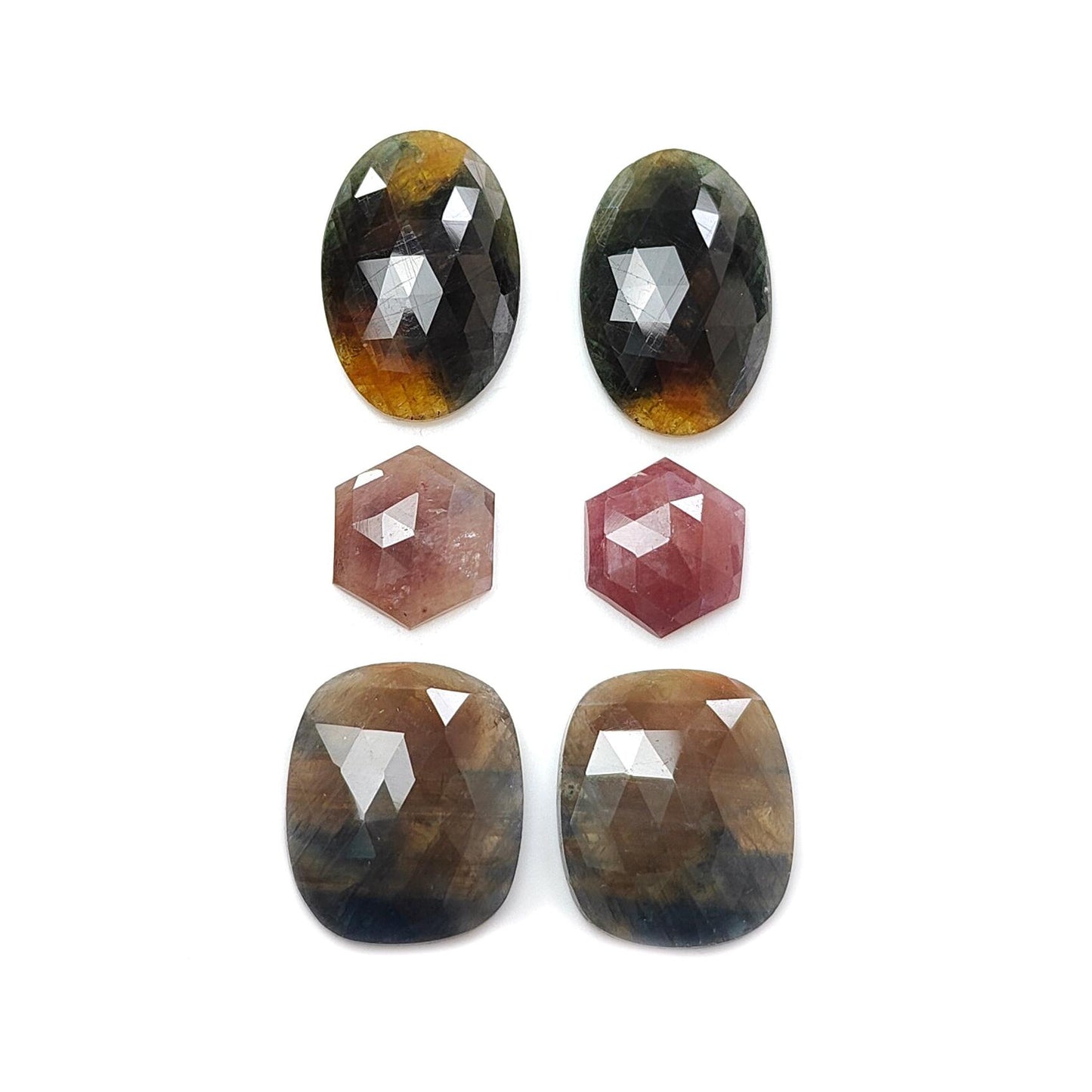 Multi Sapphire Gemstone Rose Cut Slices: Natural Untreated Unheated Sapphire Faceted Pear, Oval & Fancy Shape 6pcs Set for Jewelry