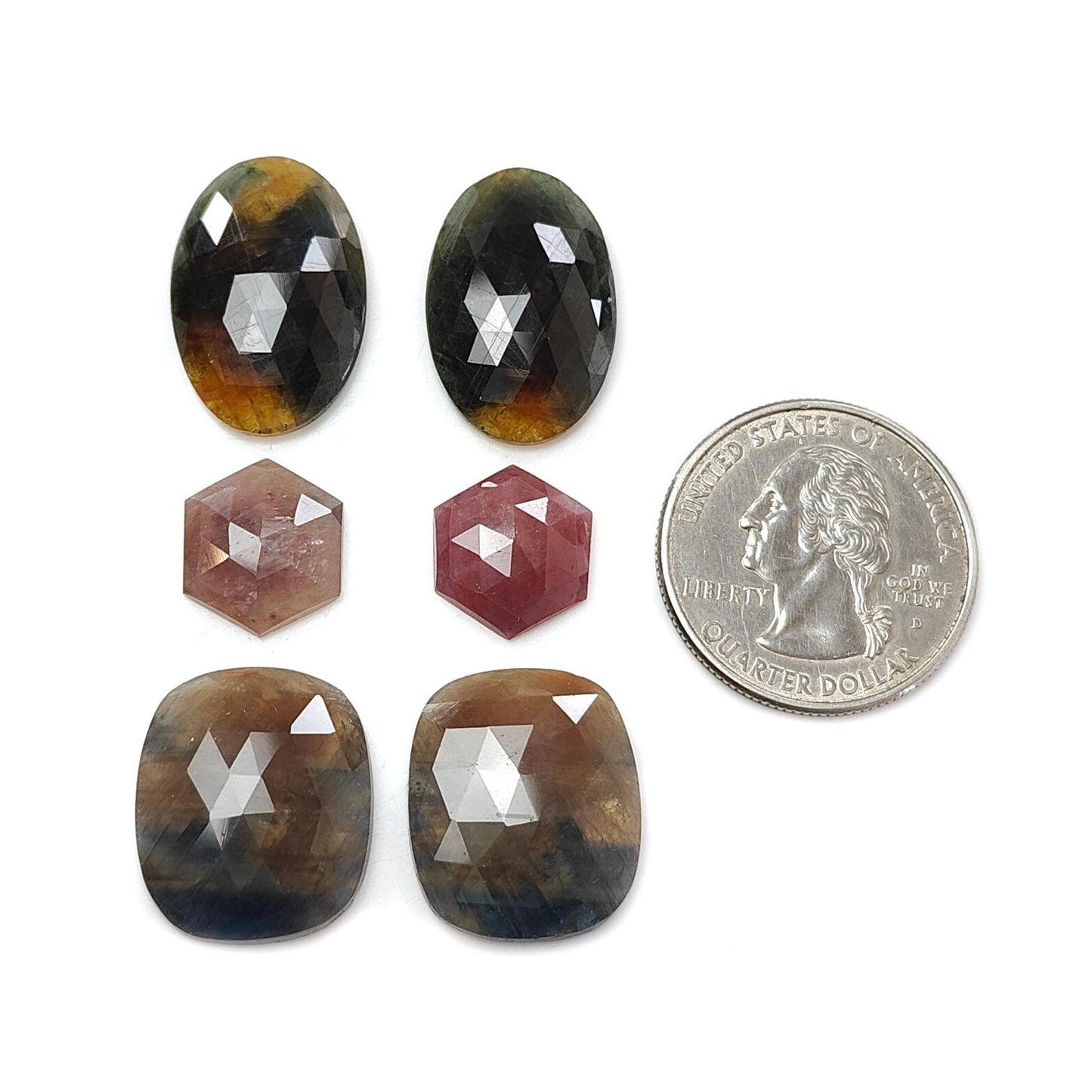 Multi Sapphire Gemstone Rose Cut Slices: Natural Untreated Unheated Sapphire Faceted Pear, Oval & Fancy Shape 6pcs Set for Jewelry