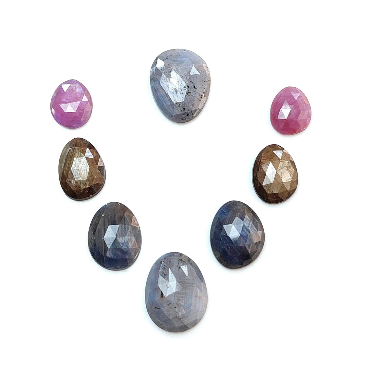 Multi Sapphire Gemstone Rose Cut Slices: 61.90cts Natural Untreated Sapphire Faceted Fancy Shape 12*10mm - 19*15mm 8pcs Set for Jewelry
