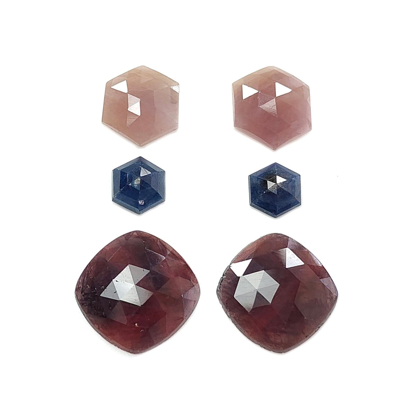 Multi Sapphire Gemstone Rose Cut Slices: Natural Untreated Unheated Sapphire Faceted Hexagon, Oval Shape 6pcs Set for Jewelry