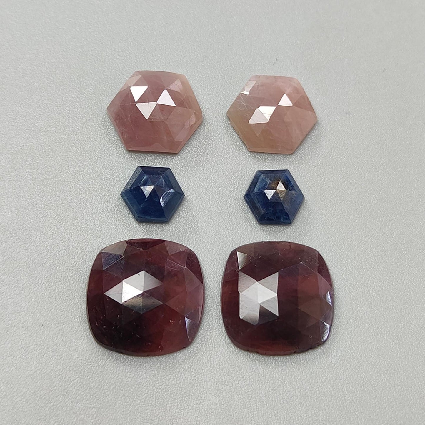 Multi Sapphire Gemstone Rose Cut Slices: Natural Untreated Unheated Sapphire Faceted Hexagon, Oval Shape 6pcs Set for Jewelry
