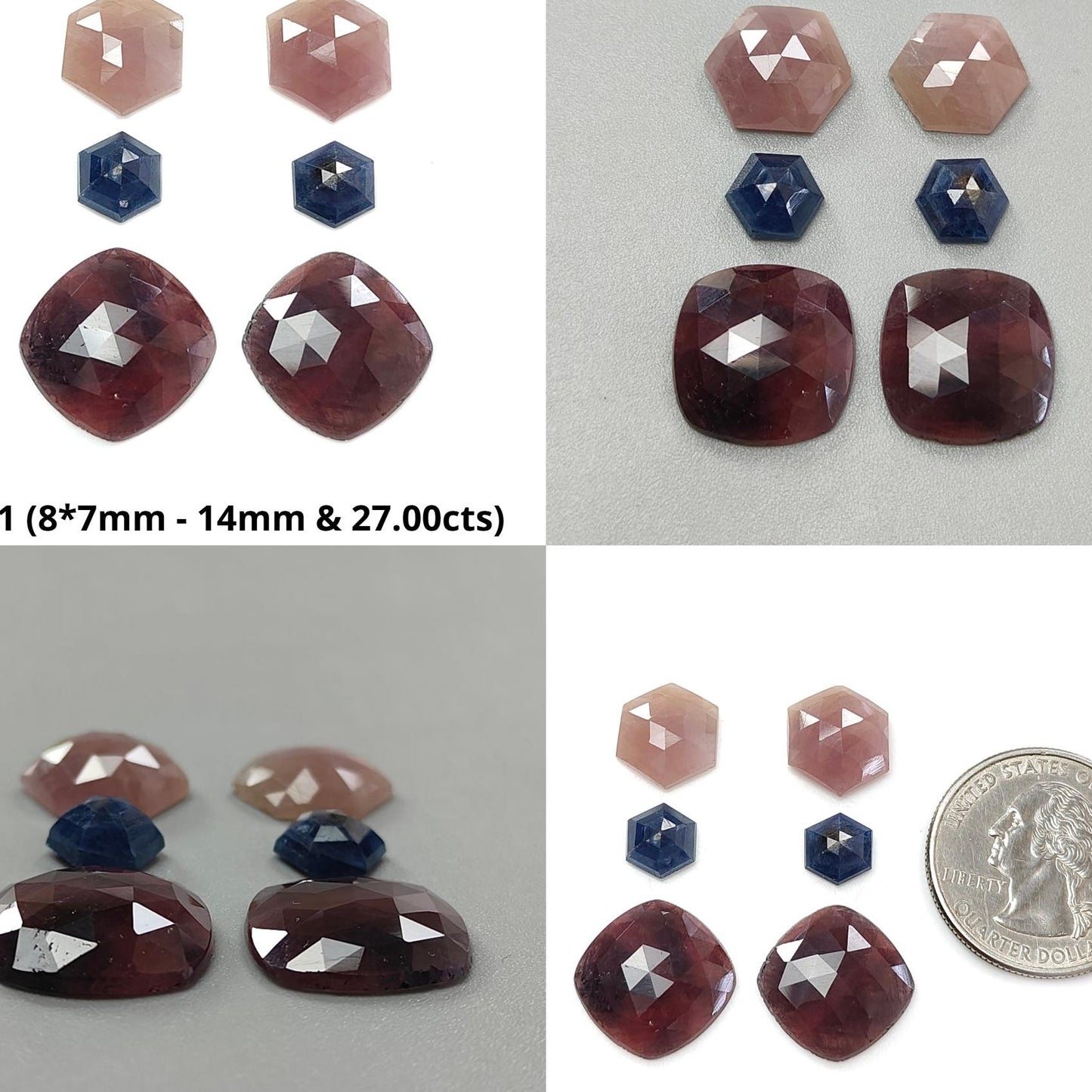 Multi Sapphire Gemstone Rose Cut Slices: Natural Untreated Unheated Sapphire Faceted Hexagon, Oval Shape 6pcs Set for Jewelry