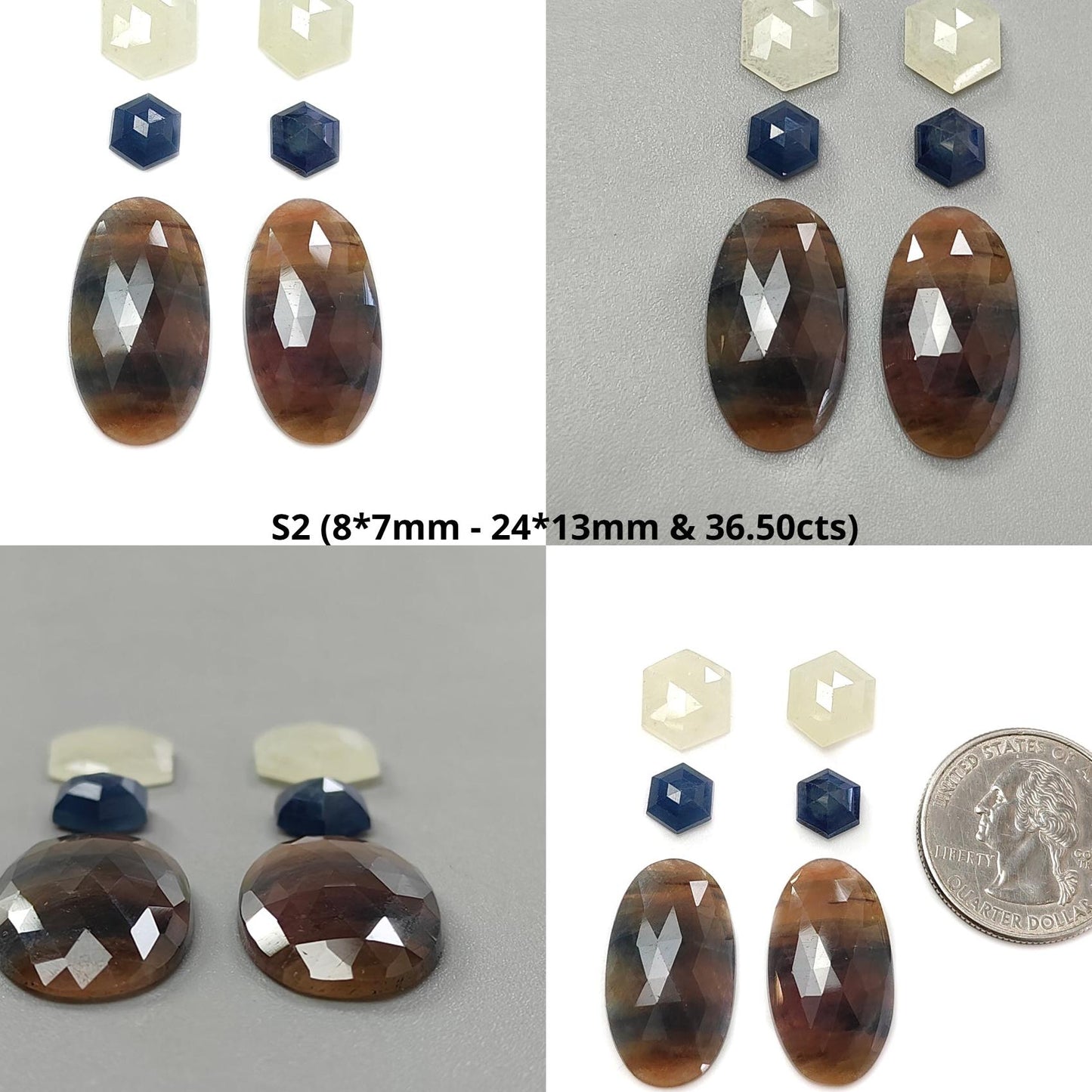 Multi Sapphire Gemstone Rose Cut Slices: Natural Untreated Unheated Sapphire Faceted Hexagon, Oval Shape 6pcs Set for Jewelry