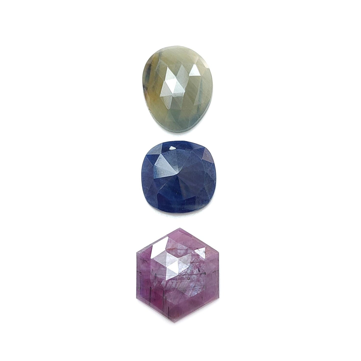 Multi Sapphire Gemstone Rose Cut Slices: Natural Untreated Unheated Sapphire Fancy Shape Faceted 3pcs Set for Jewelry
