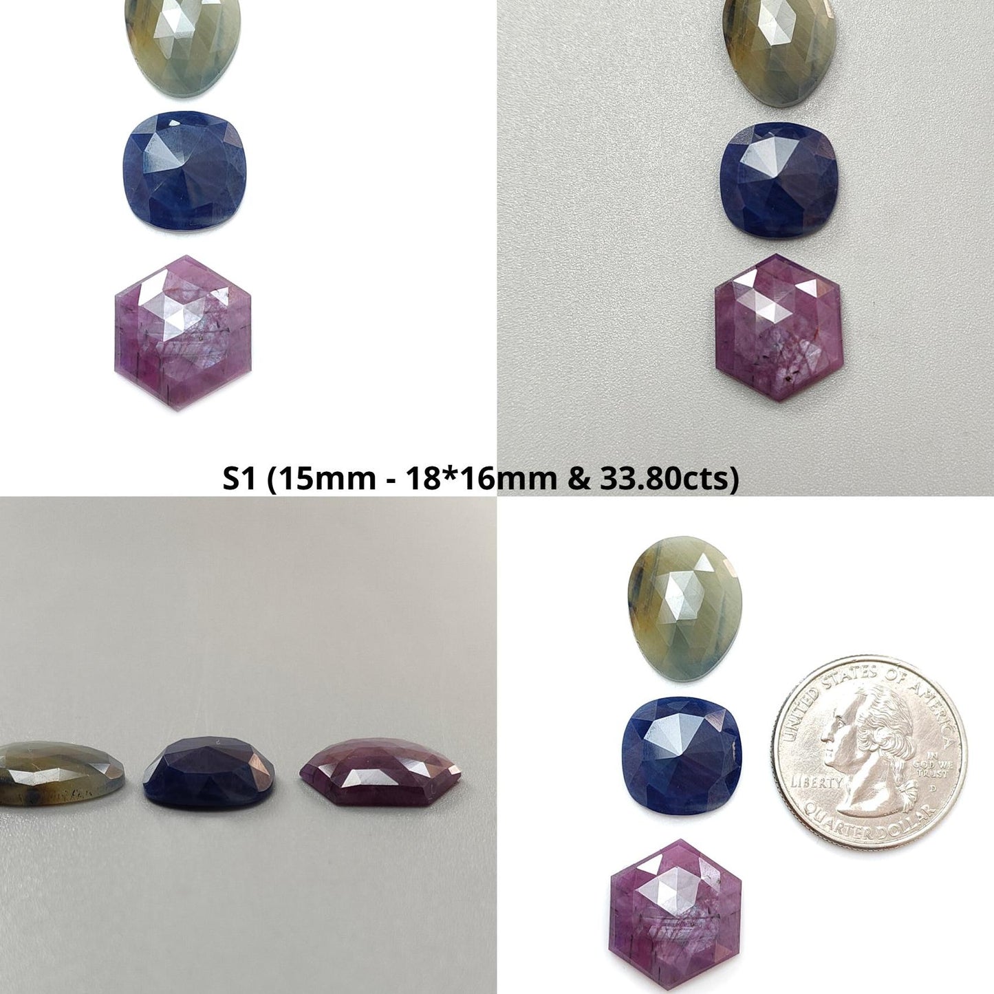 Multi Sapphire Gemstone Rose Cut Slices: Natural Untreated Unheated Sapphire Fancy Shape Faceted 3pcs Set for Jewelry