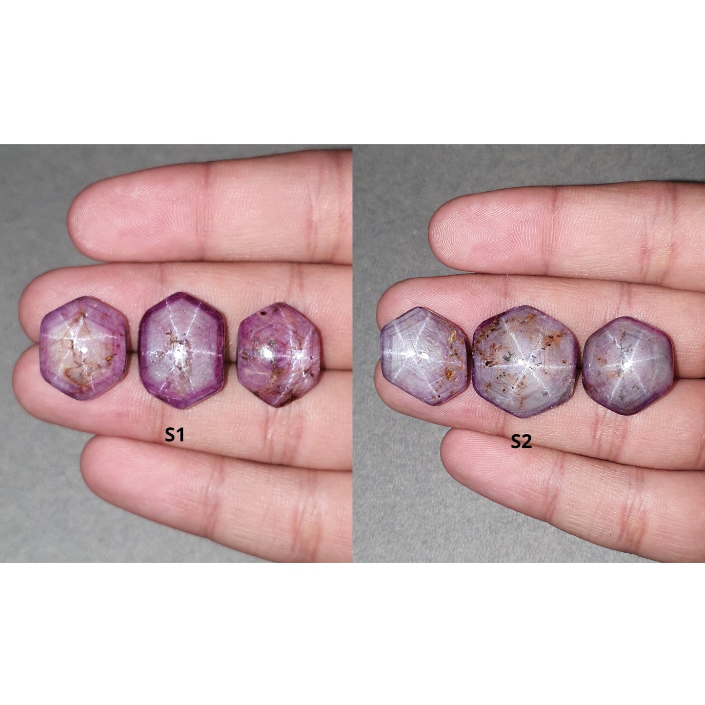 Johnson Star Ruby Gemstone Cabochon : 82cts - 97cts Natural Untreated Unheated Both Side 6Ray Star Ruby Hexagon Shape 3Pcs Sets